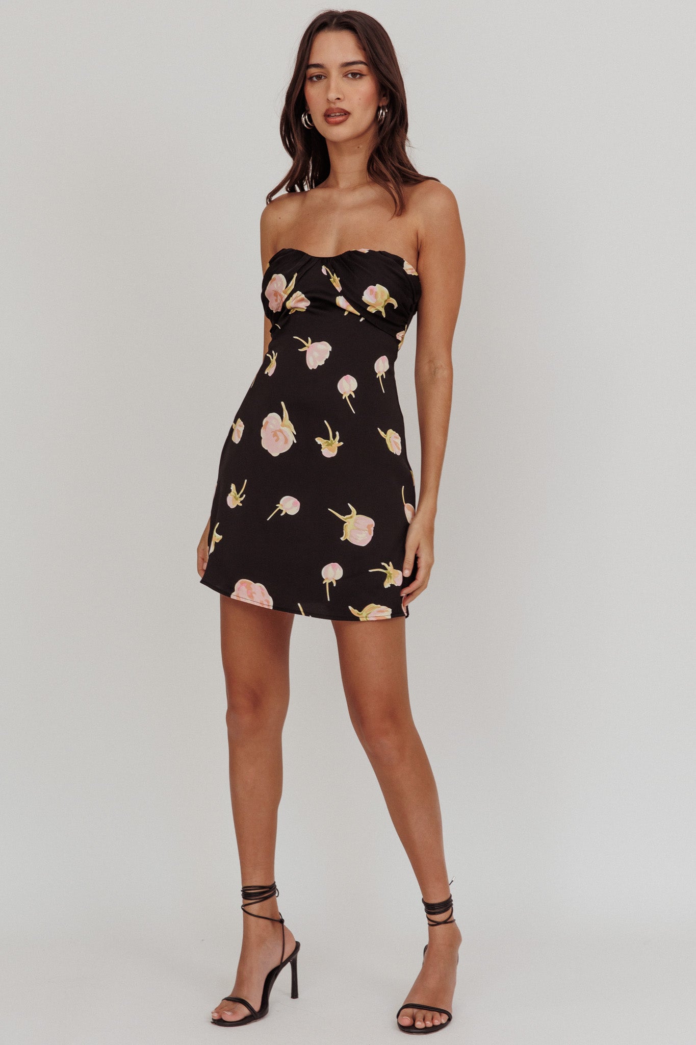 Sian Strapless Sweetheart Mini Dress Flowers Black by Selfie Leslie Australia