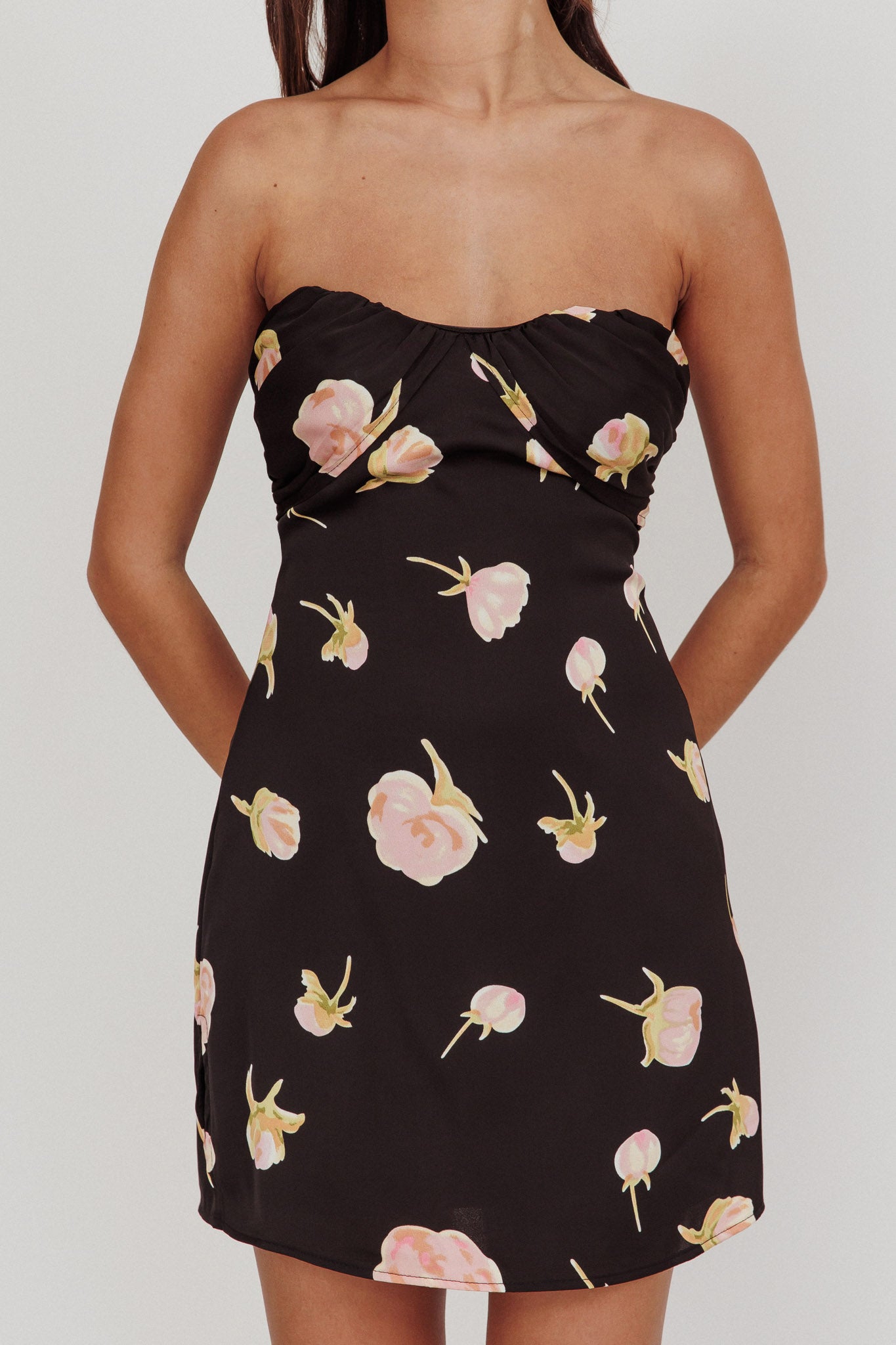 Sian Strapless Sweetheart Mini Dress Flowers Black by Selfie Leslie Australia