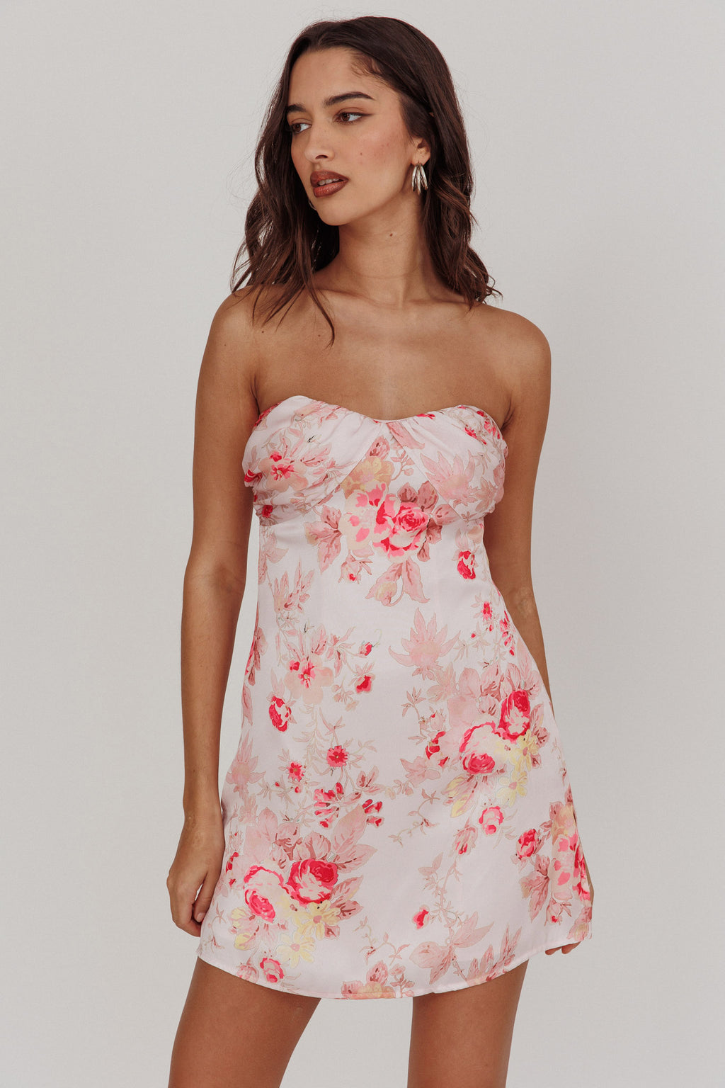 Sian Strapless Sweetheart Mini Dress Floral Pink by Selfie Leslie Australia