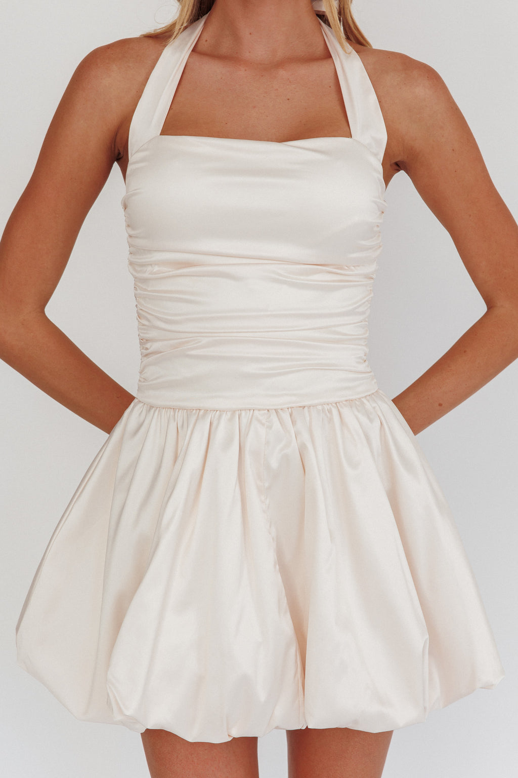 Angelico Halterneck Balloon Mini Dress Cream by Selfie Leslie Australia