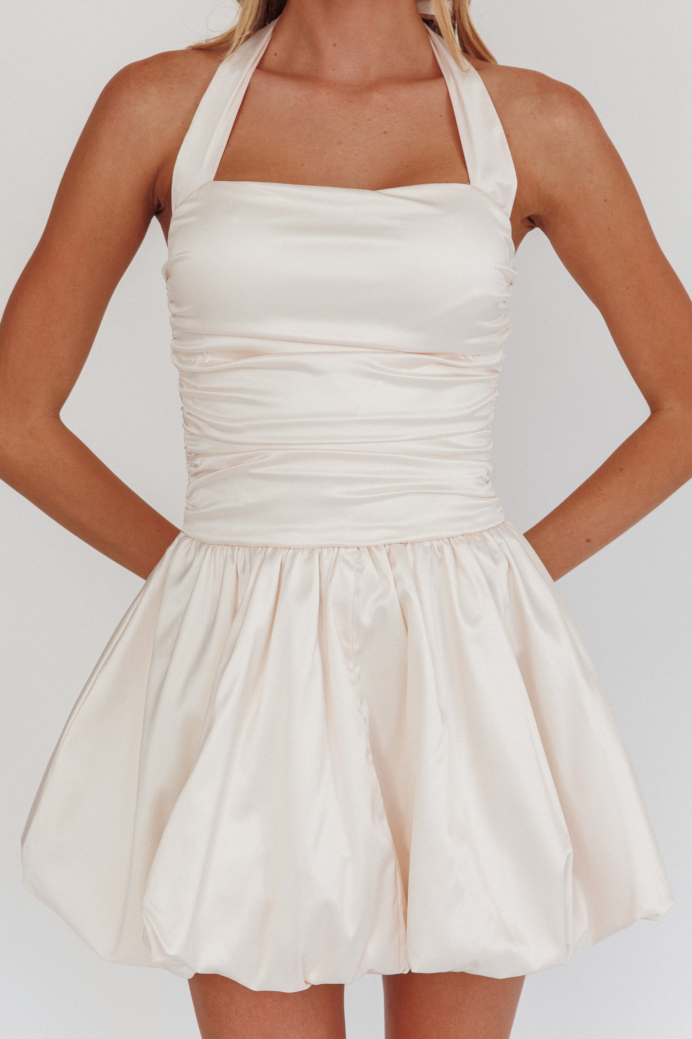 Angelico Halterneck Balloon Mini Dress Cream by Selfie Leslie Australia