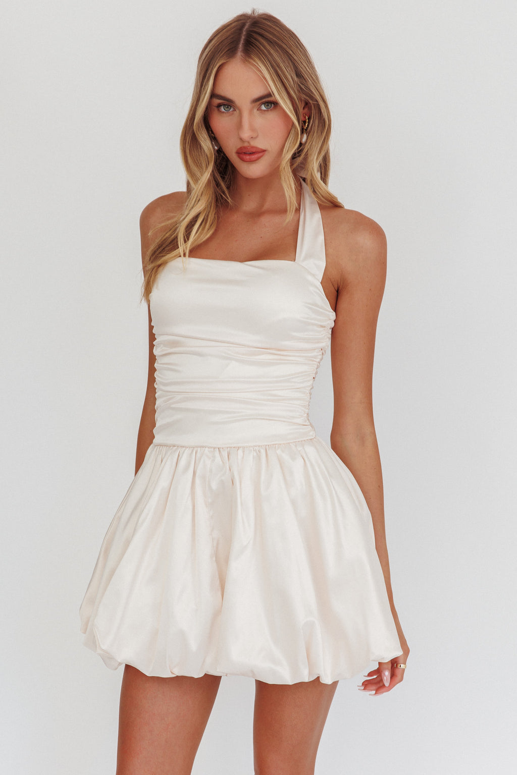 Angelico Halterneck Balloon Mini Dress Cream by Selfie Leslie Australia