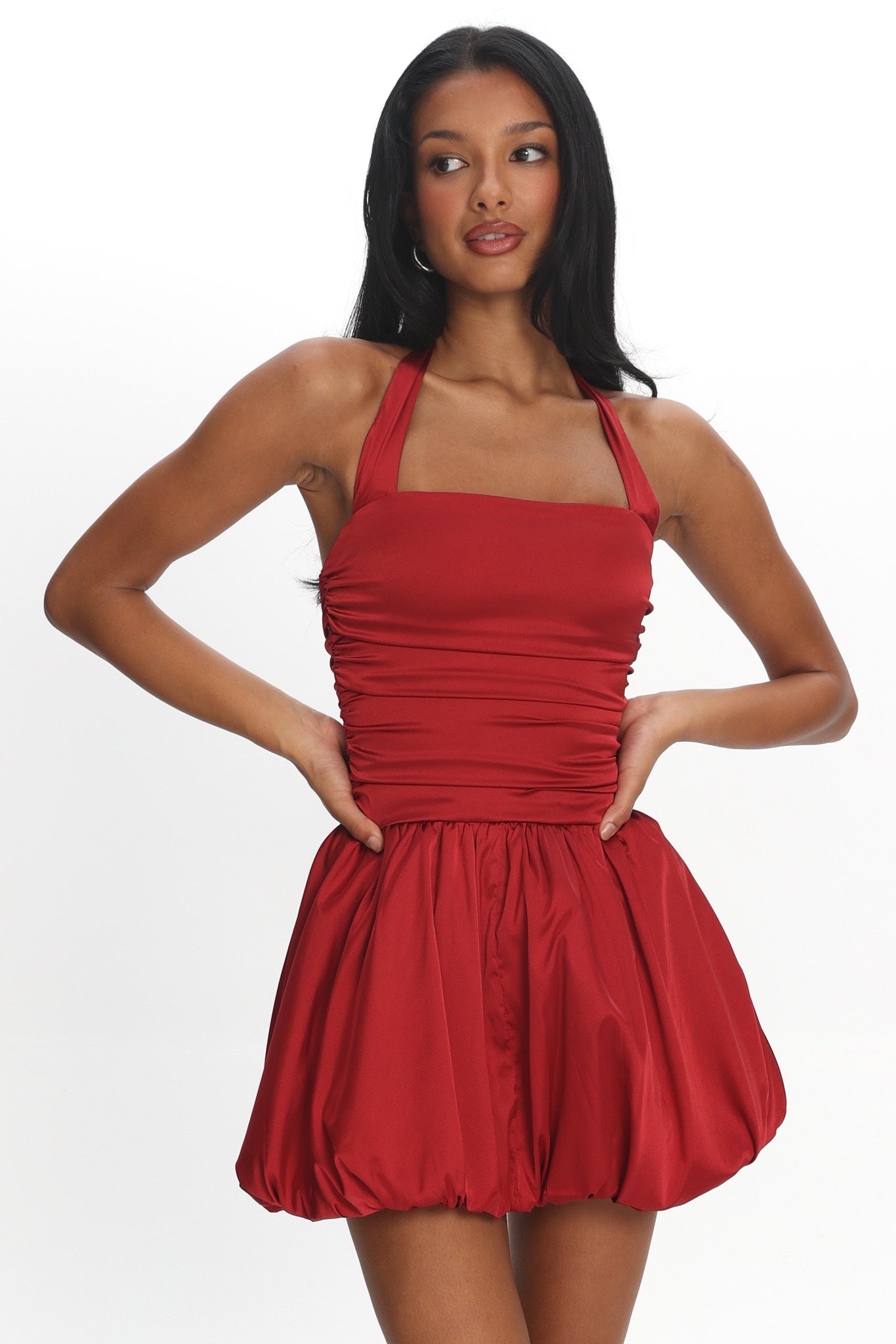 Angelico Halterneck Balloon Mini Dress Wine by Selfie Leslie Australia