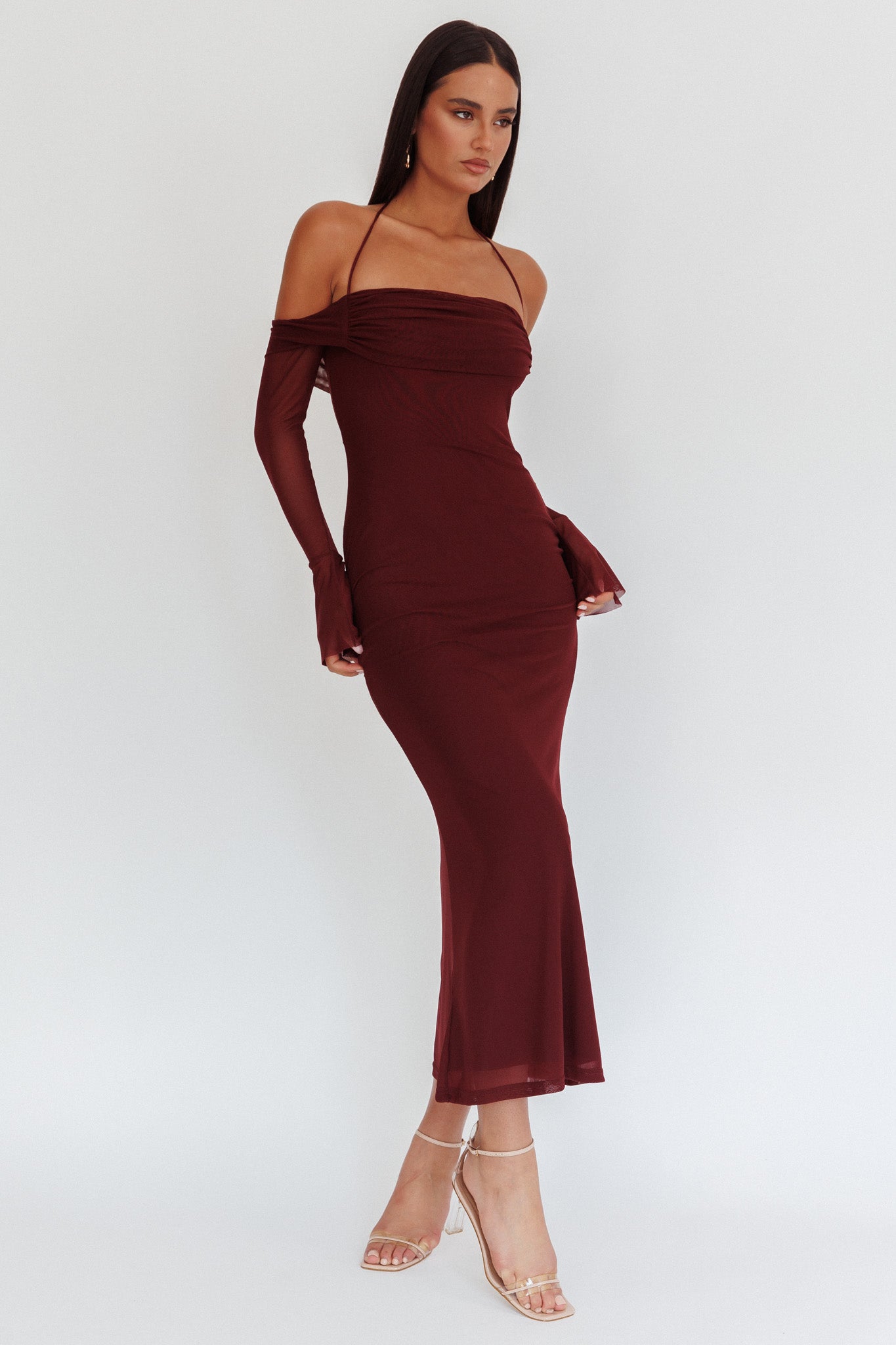 Numbers Game Off-Shoulder Halter Maxi Dress Chocolate by Selfie Leslie Australia