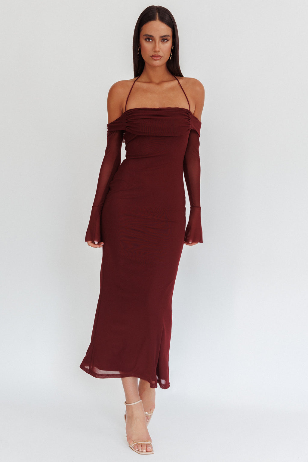 Numbers Game Off-Shoulder Halter Maxi Dress Chocolate by Selfie Leslie Australia