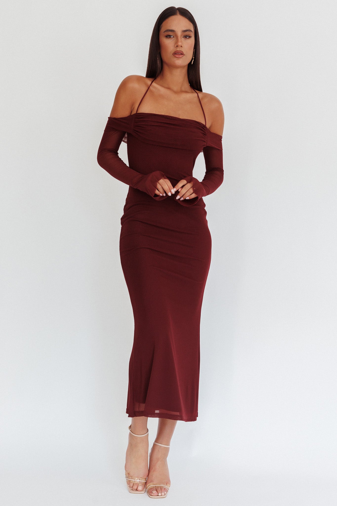 Numbers Game Off-Shoulder Halter Maxi Dress Chocolate by Selfie Leslie Australia