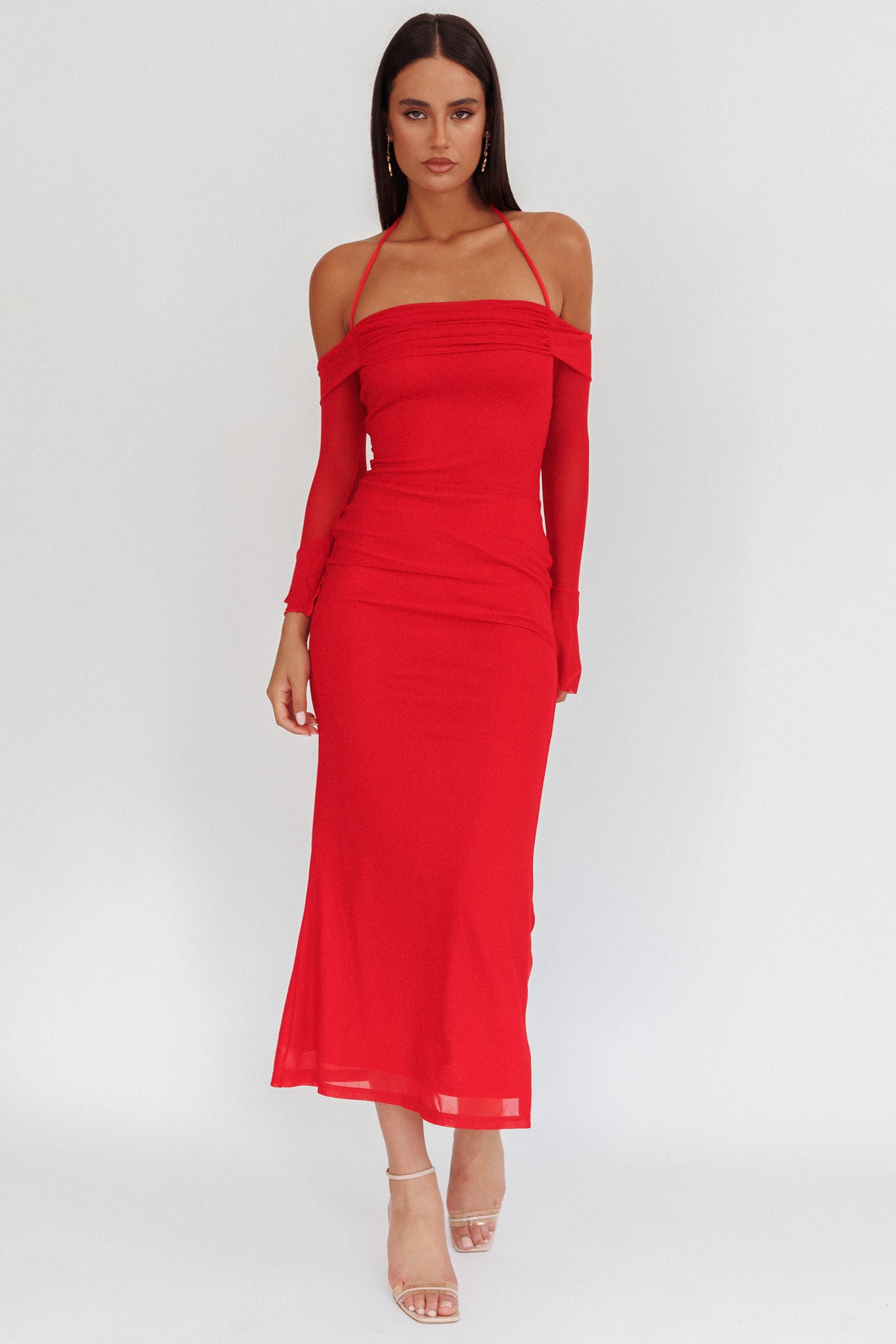 Numbers Game Off-Shoulder Halter Maxi Dress Red by Selfie Leslie Australia