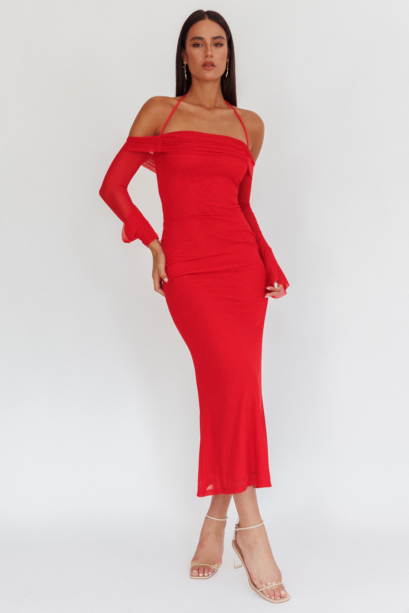 Numbers Game Off-Shoulder Halter Maxi Dress Red by Selfie Leslie Australia