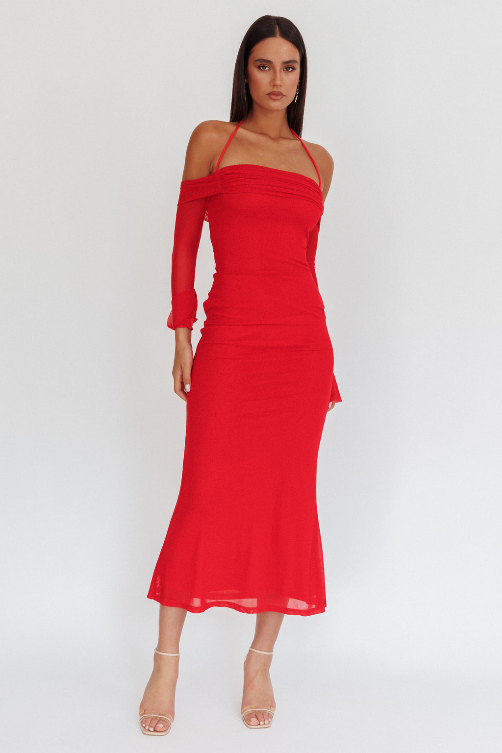 Numbers Game Off-Shoulder Halter Maxi Dress Red by Selfie Leslie Australia