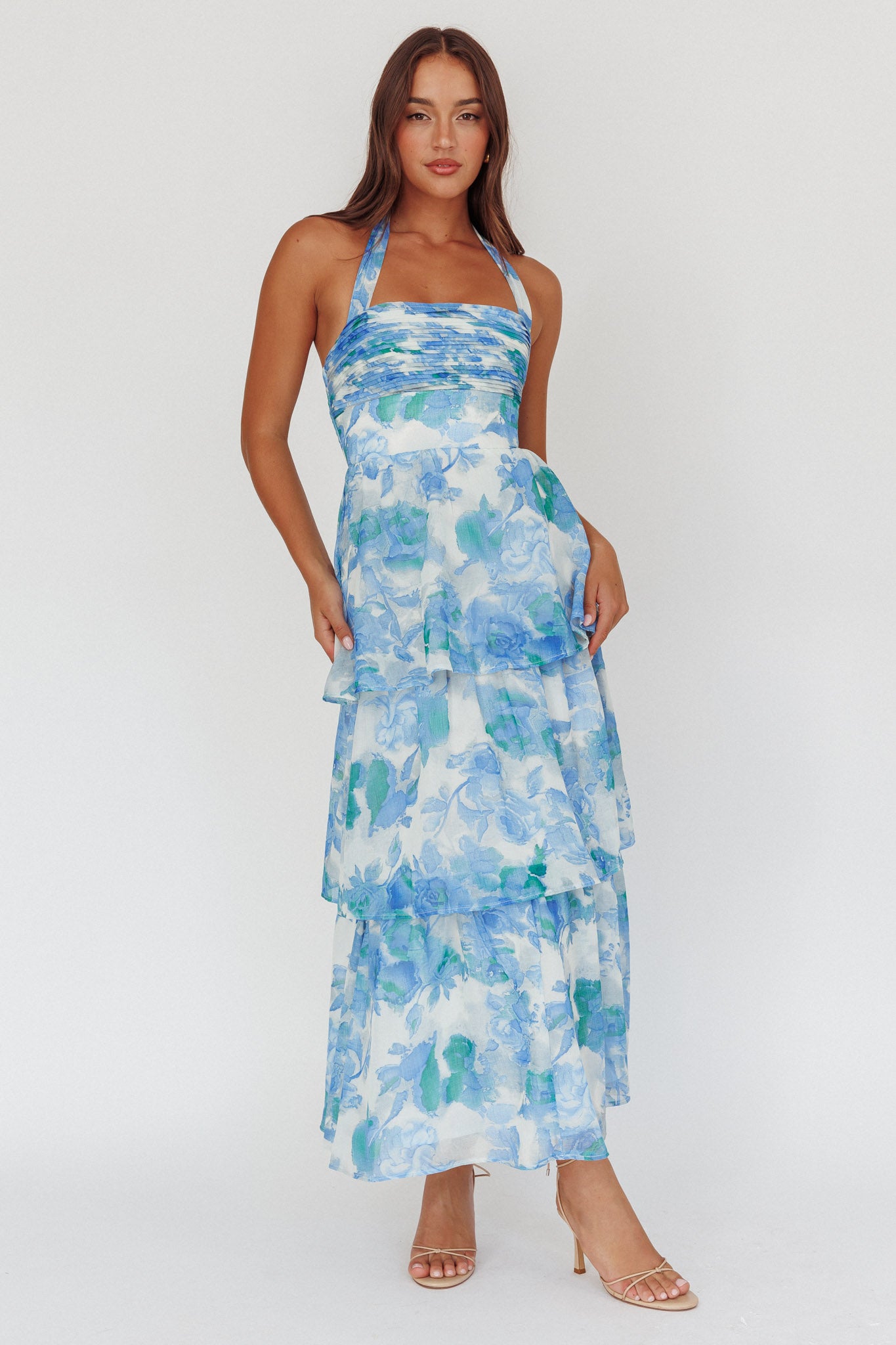 Seascape Halterneck Layered Maxi Dress Floral Blue by Selfie Leslie Australia