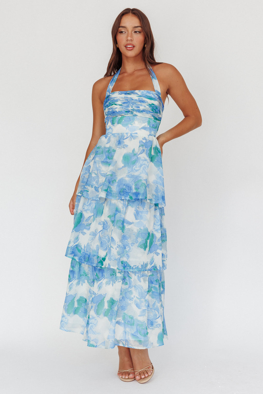 Seascape Halterneck Layered Maxi Dress Floral Blue by Selfie Leslie Australia