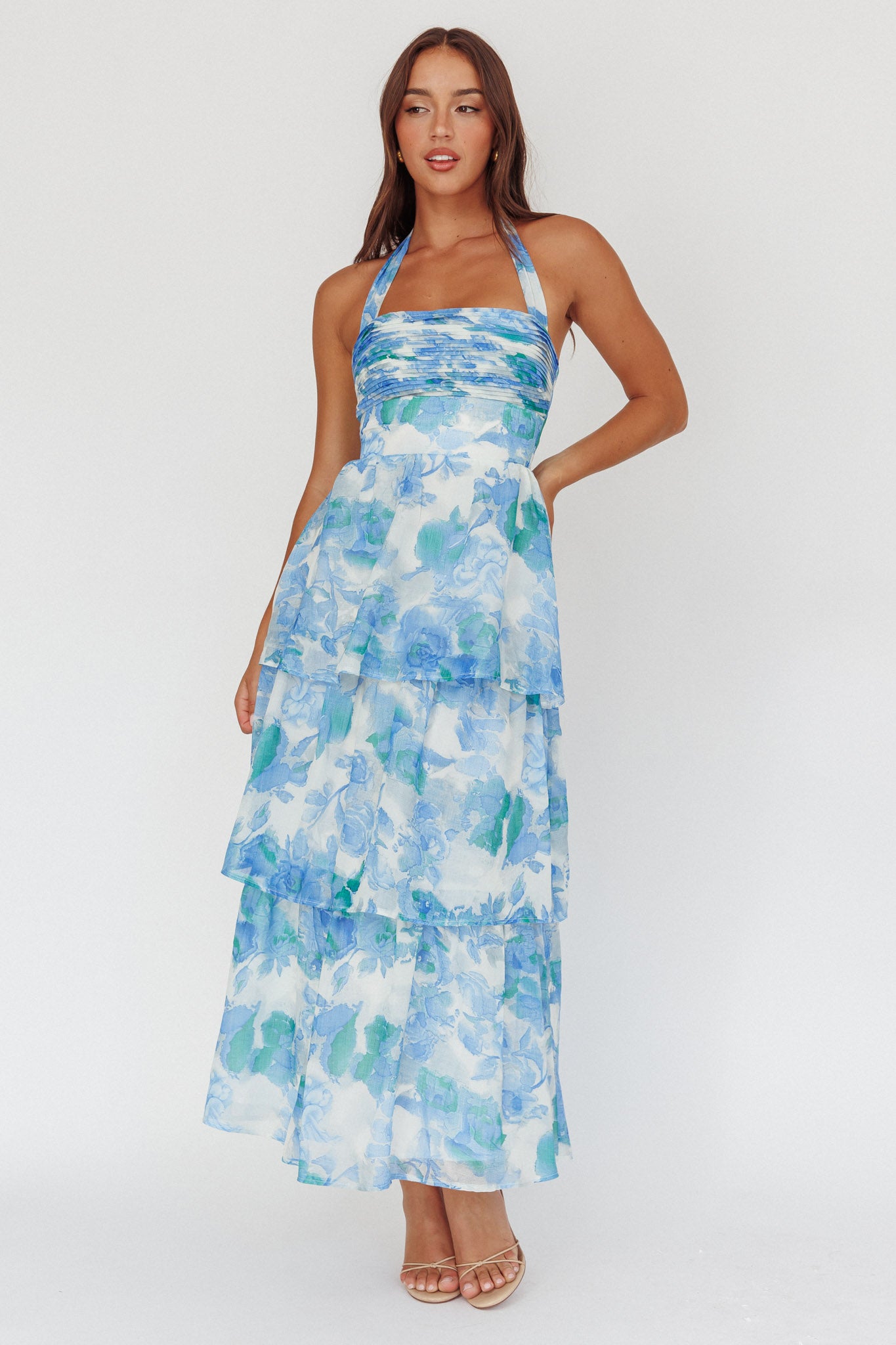 Seascape Halterneck Layered Maxi Dress Floral Blue by Selfie Leslie Australia