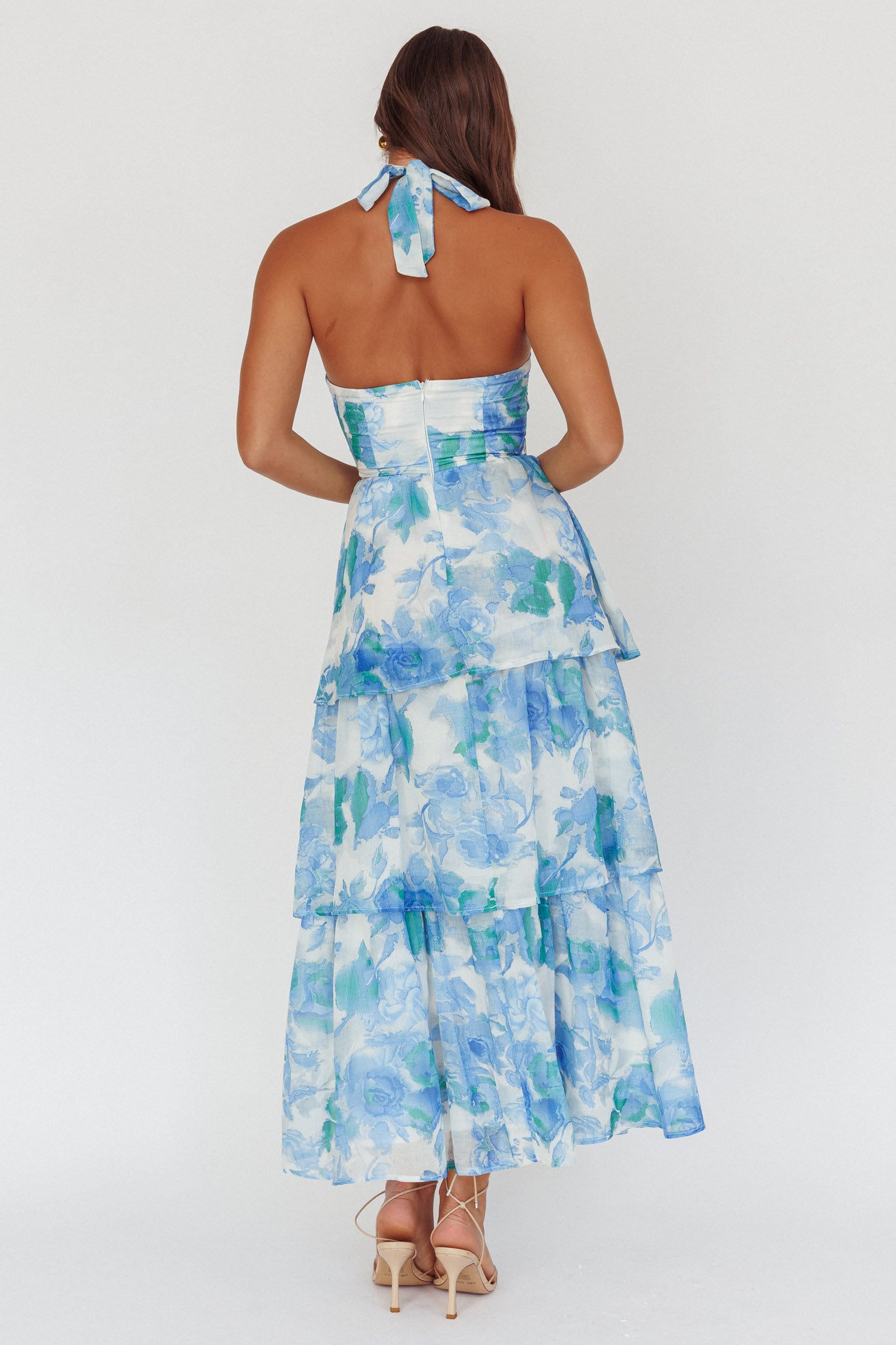 Seascape Halterneck Layered Maxi Dress Floral Blue by Selfie Leslie Australia