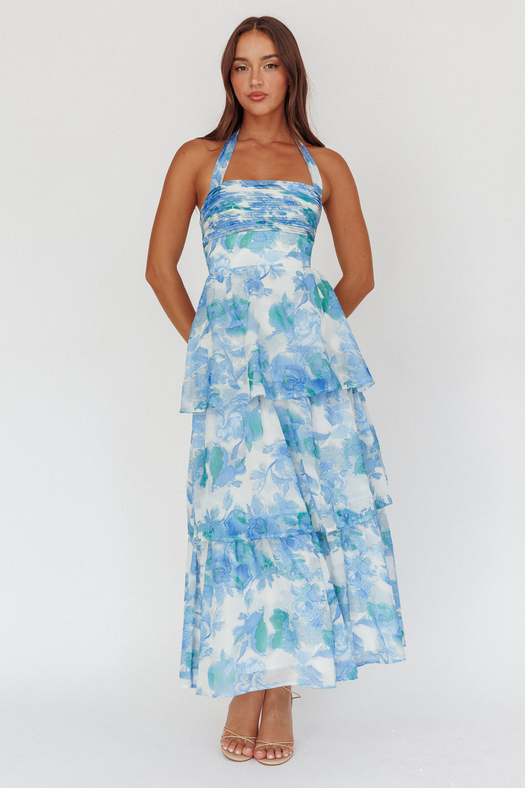 Seascape Halterneck Layered Maxi Dress Floral Blue by Selfie Leslie Australia