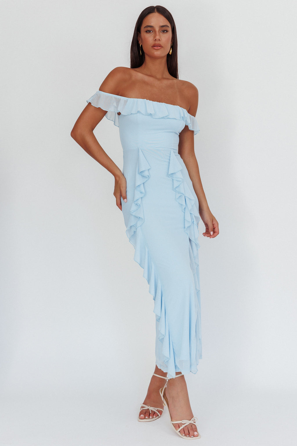 Flamenco Off-Shoulder Ruffle Maxi Dress Blue by Selfie Leslie Australia