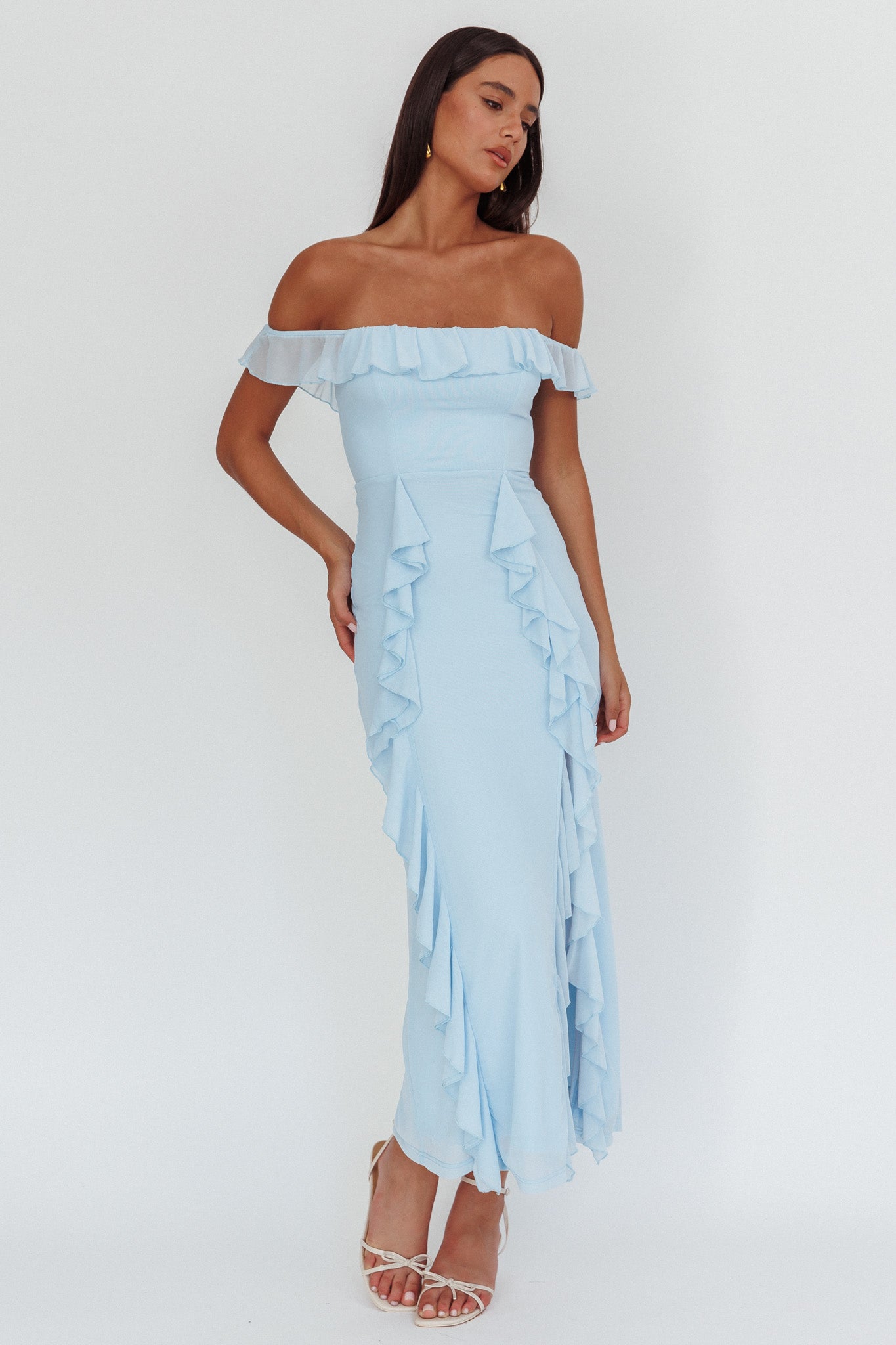 Flamenco Off-Shoulder Ruffle Maxi Dress Blue by Selfie Leslie Australia