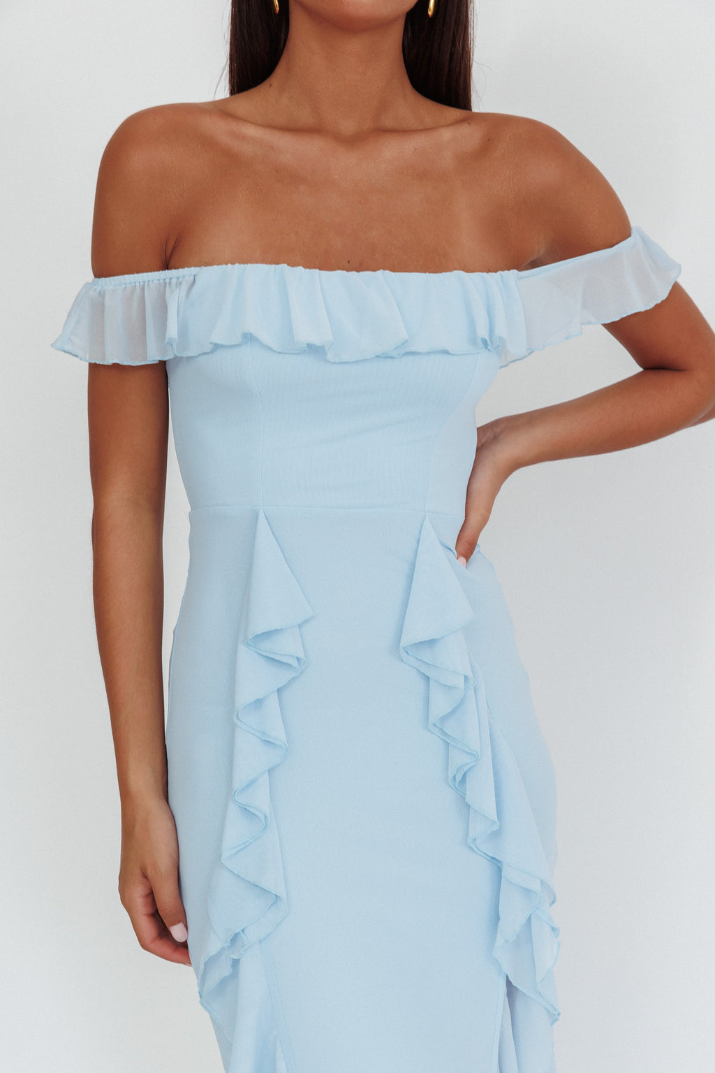 Flamenco Off-Shoulder Ruffle Maxi Dress Blue by Selfie Leslie Australia