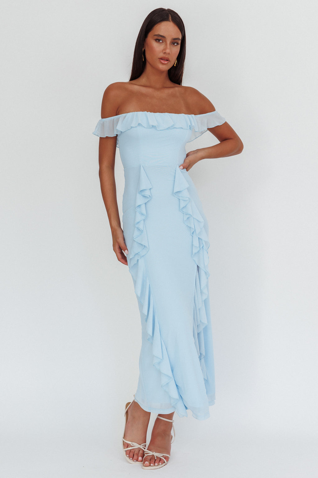 Flamenco Off-Shoulder Ruffle Maxi Dress Blue by Selfie Leslie Australia