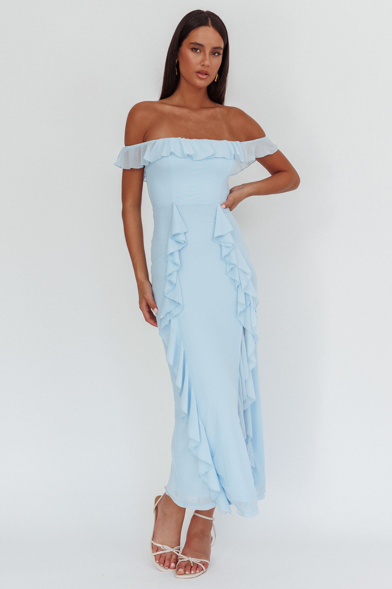 Flamenco Off-Shoulder Ruffle Maxi Dress Blue by Selfie Leslie Australia