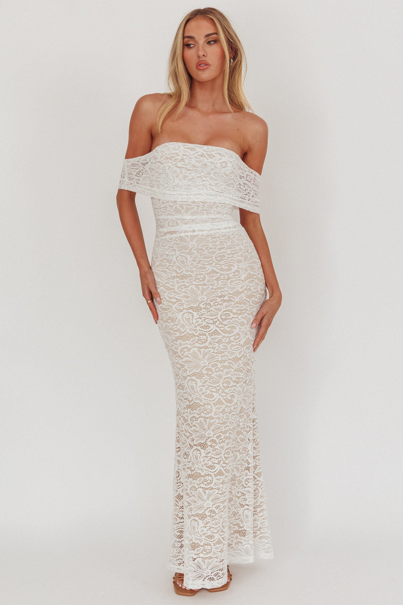 Flutters Off-Shoulder Lace Maxi Dress White by Selfie Leslie Australia