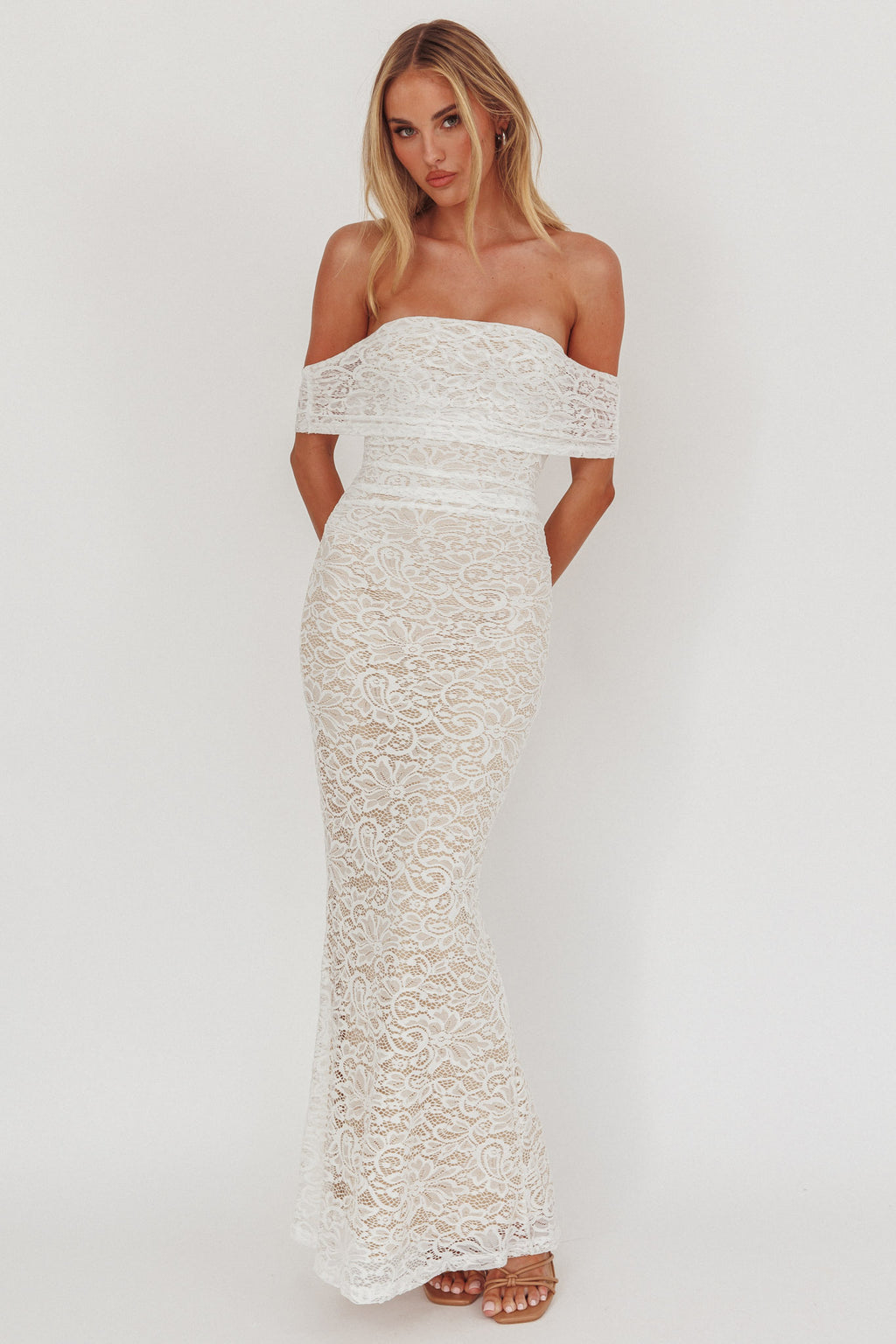 Flutters Off-Shoulder Lace Maxi Dress White by Selfie Leslie Australia