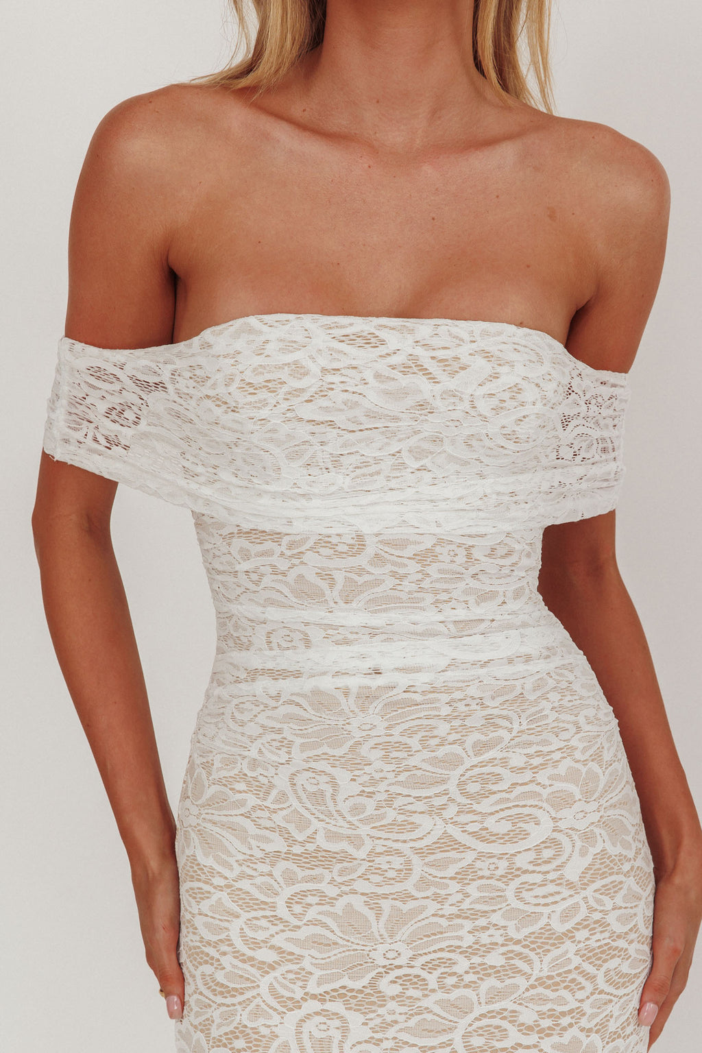Flutters Off-Shoulder Lace Maxi Dress White by Selfie Leslie Australia