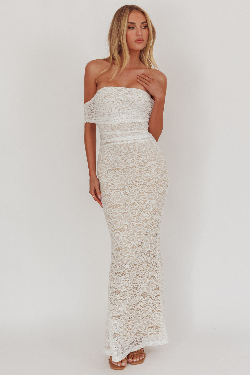 Flutters Off-Shoulder Lace Maxi Dress White by Selfie Leslie Australia
