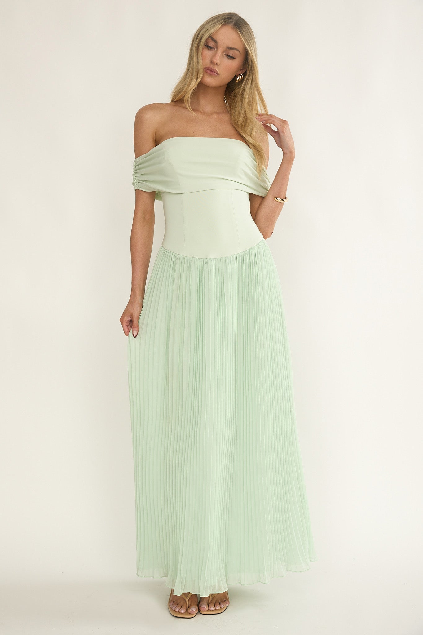 Flutters Off-Shoulder Accordion Pleat Dress Sage by Selfie Leslie Australia