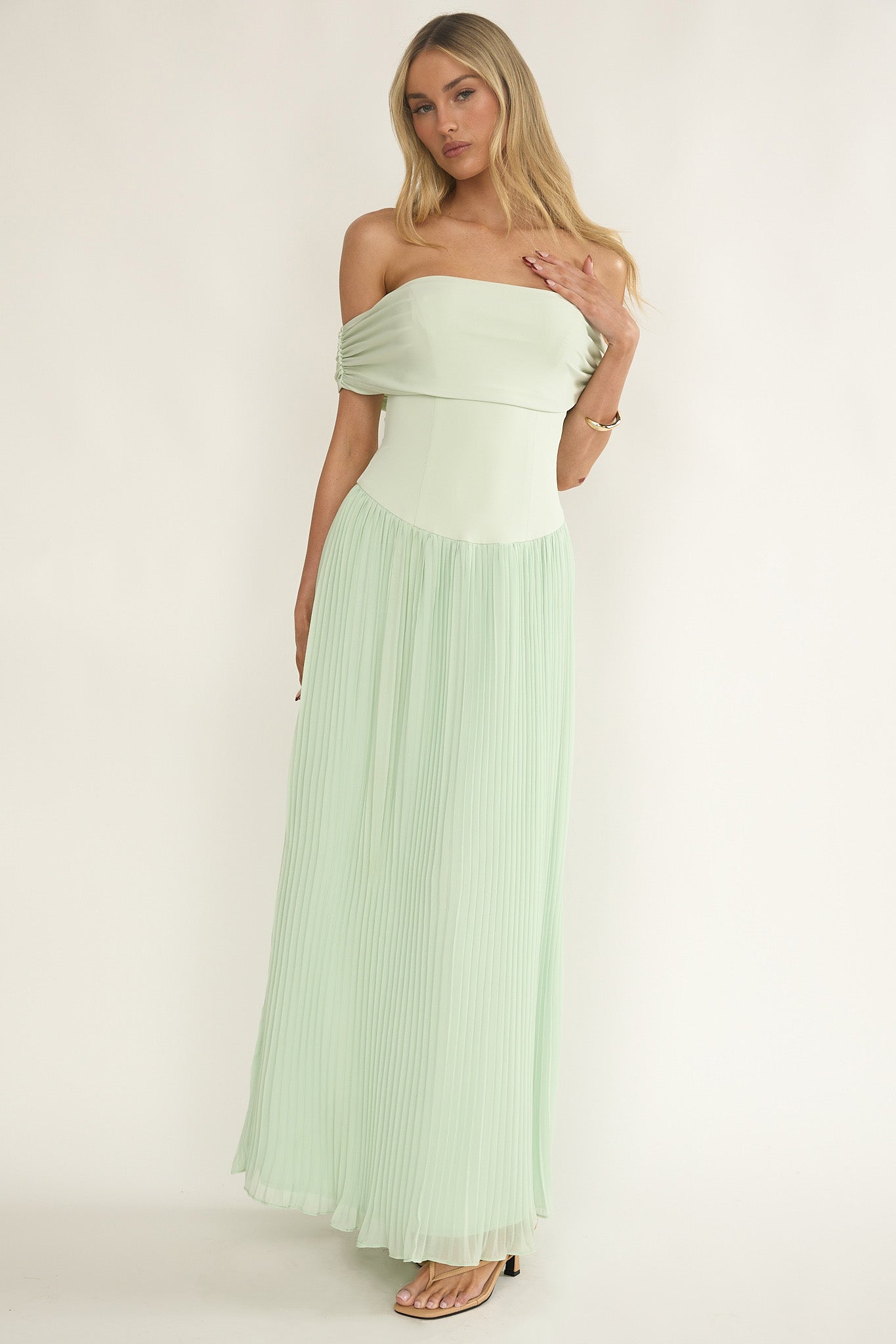 Flutters Off-Shoulder Accordion Pleat Dress Sage by Selfie Leslie Australia