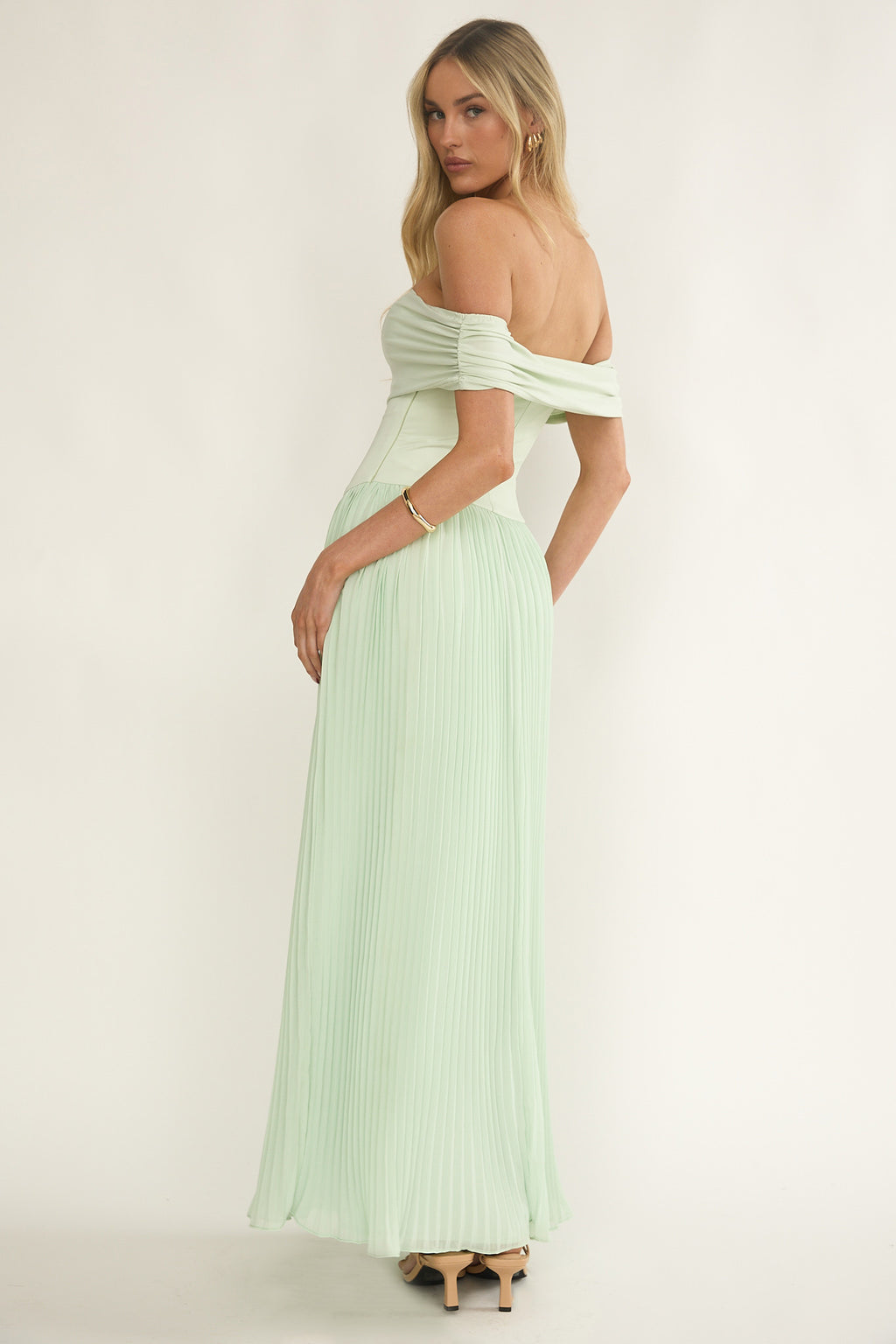 Flutters Off-Shoulder Accordion Pleat Dress Sage by Selfie Leslie Australia