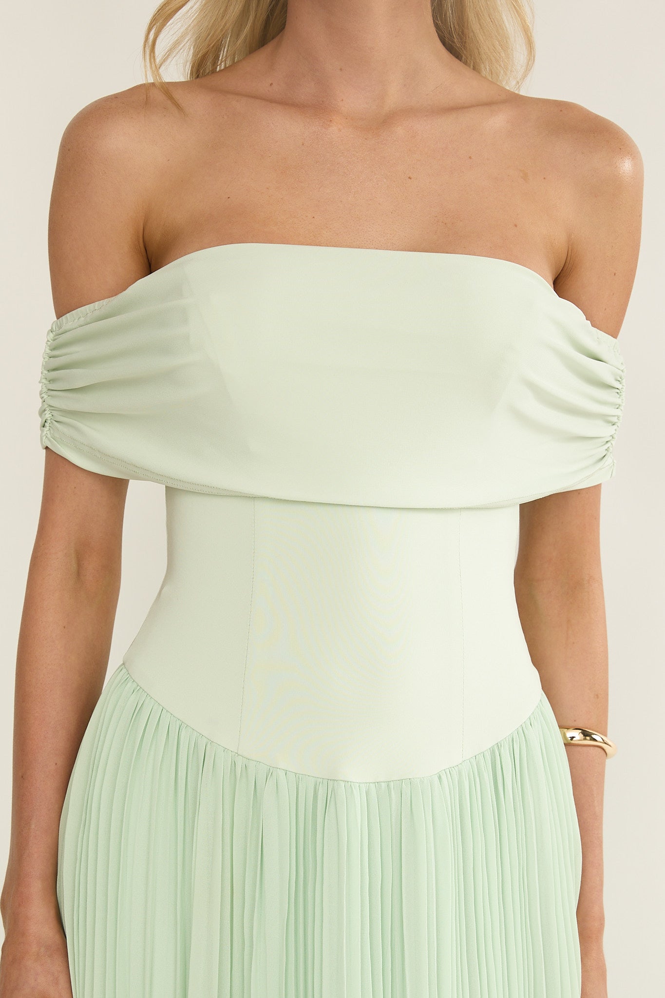 Flutters Off-Shoulder Accordion Pleat Dress Sage by Selfie Leslie Australia