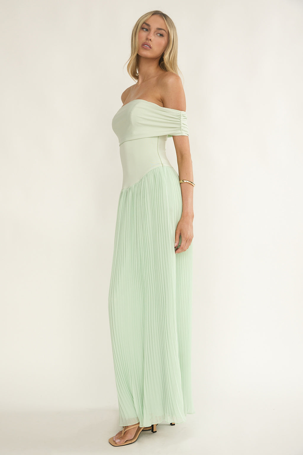Flutters Off-Shoulder Accordion Pleat Dress Sage by Selfie Leslie Australia