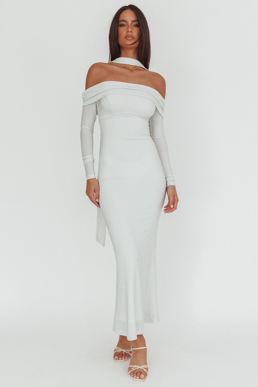 Flutters Off-Shoulder Long Sleeve Maxi Dress White by Selfie Leslie Australia