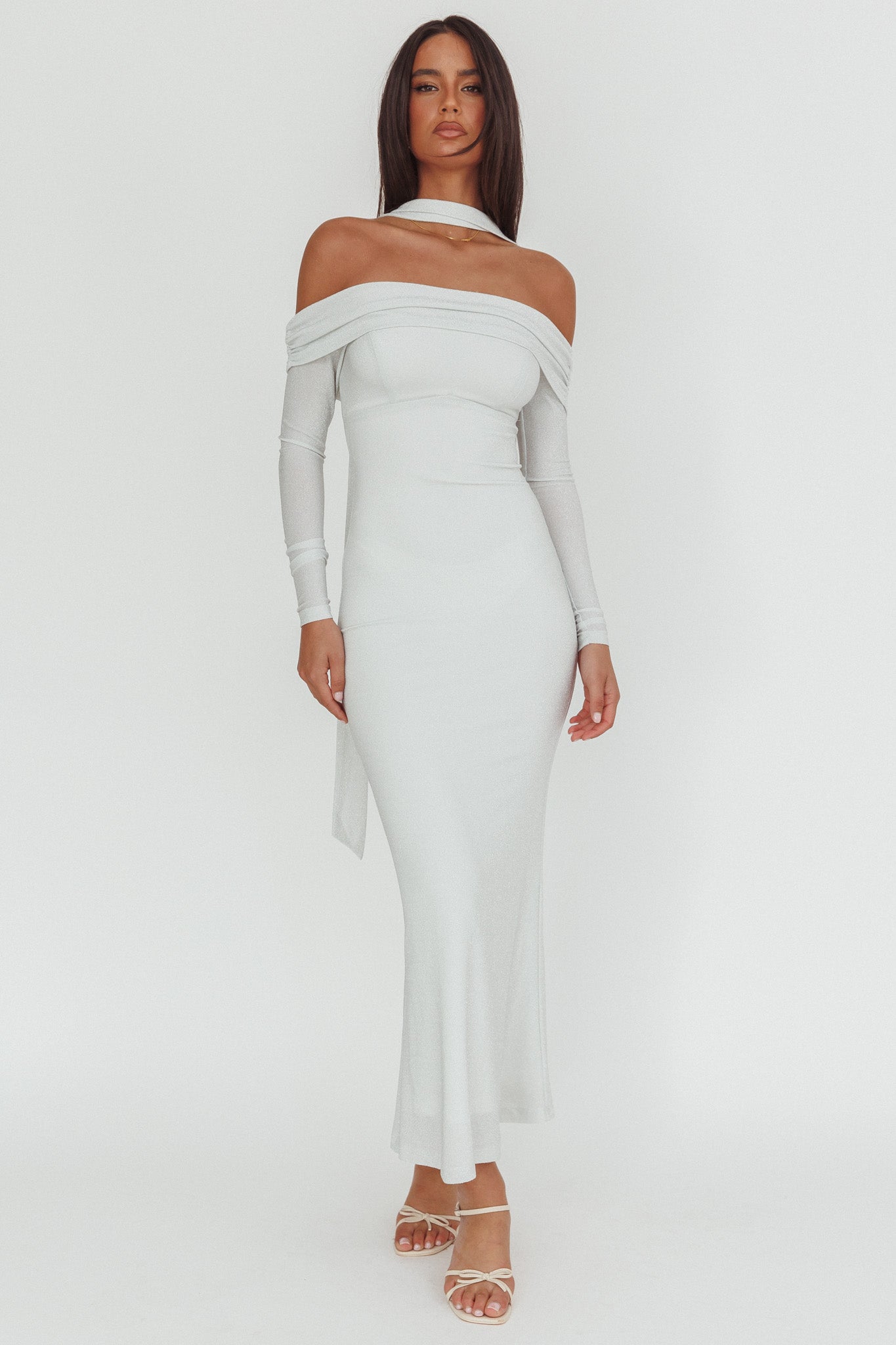 Flutters Off-Shoulder Long Sleeve Maxi Dress White by Selfie Leslie Australia