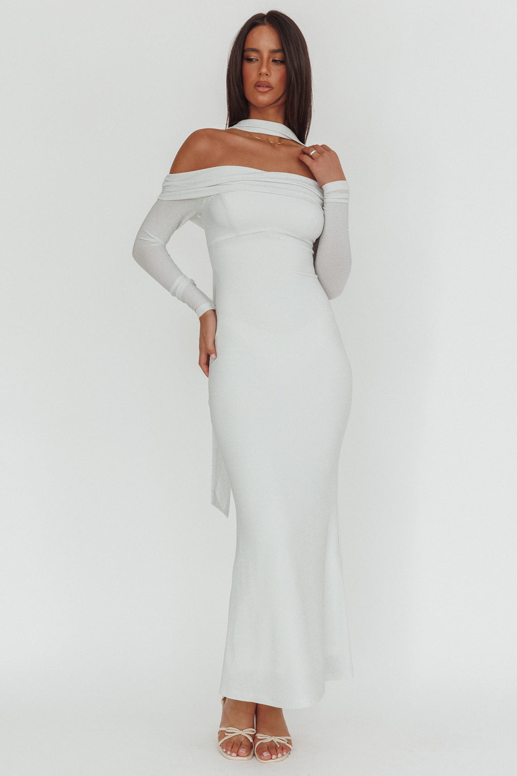 Flutters Off-Shoulder Long Sleeve Maxi Dress White by Selfie Leslie Australia