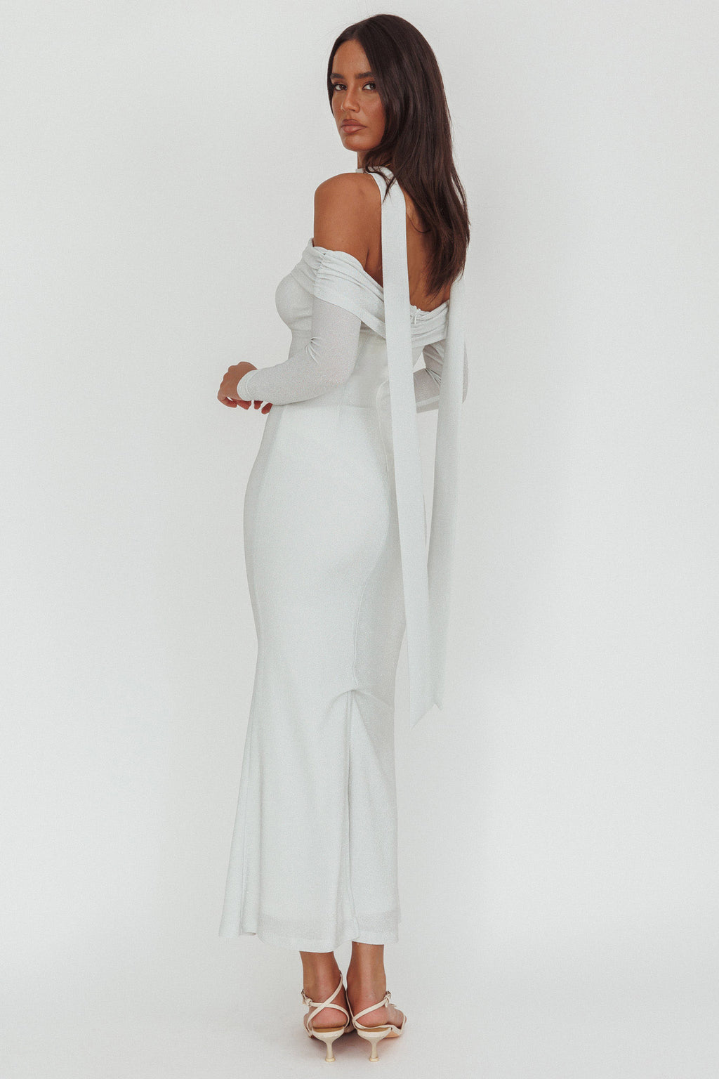 Flutters Off-Shoulder Long Sleeve Maxi Dress White by Selfie Leslie Australia