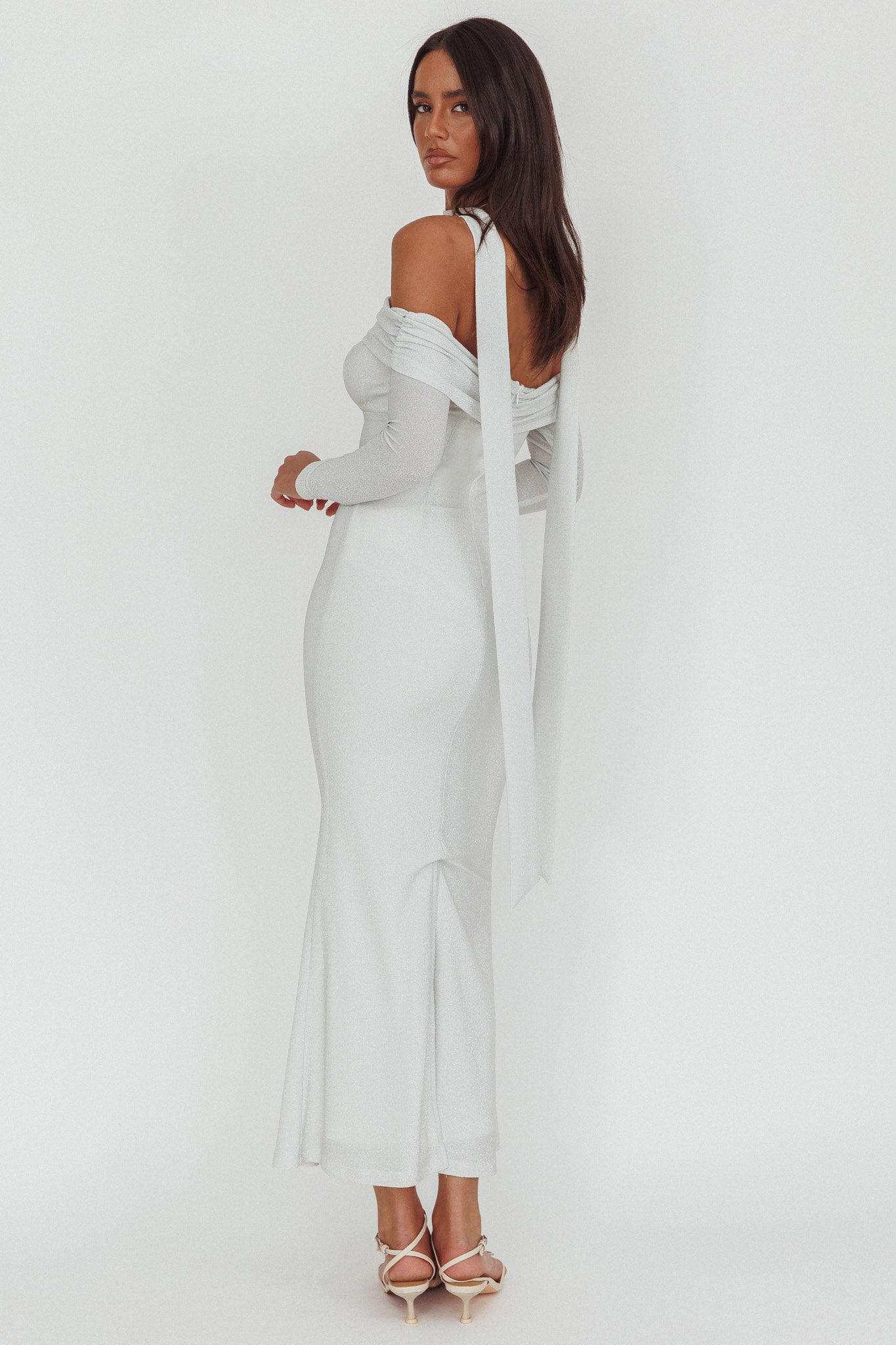Flutters Off-Shoulder Long Sleeve Maxi Dress White by Selfie Leslie Australia