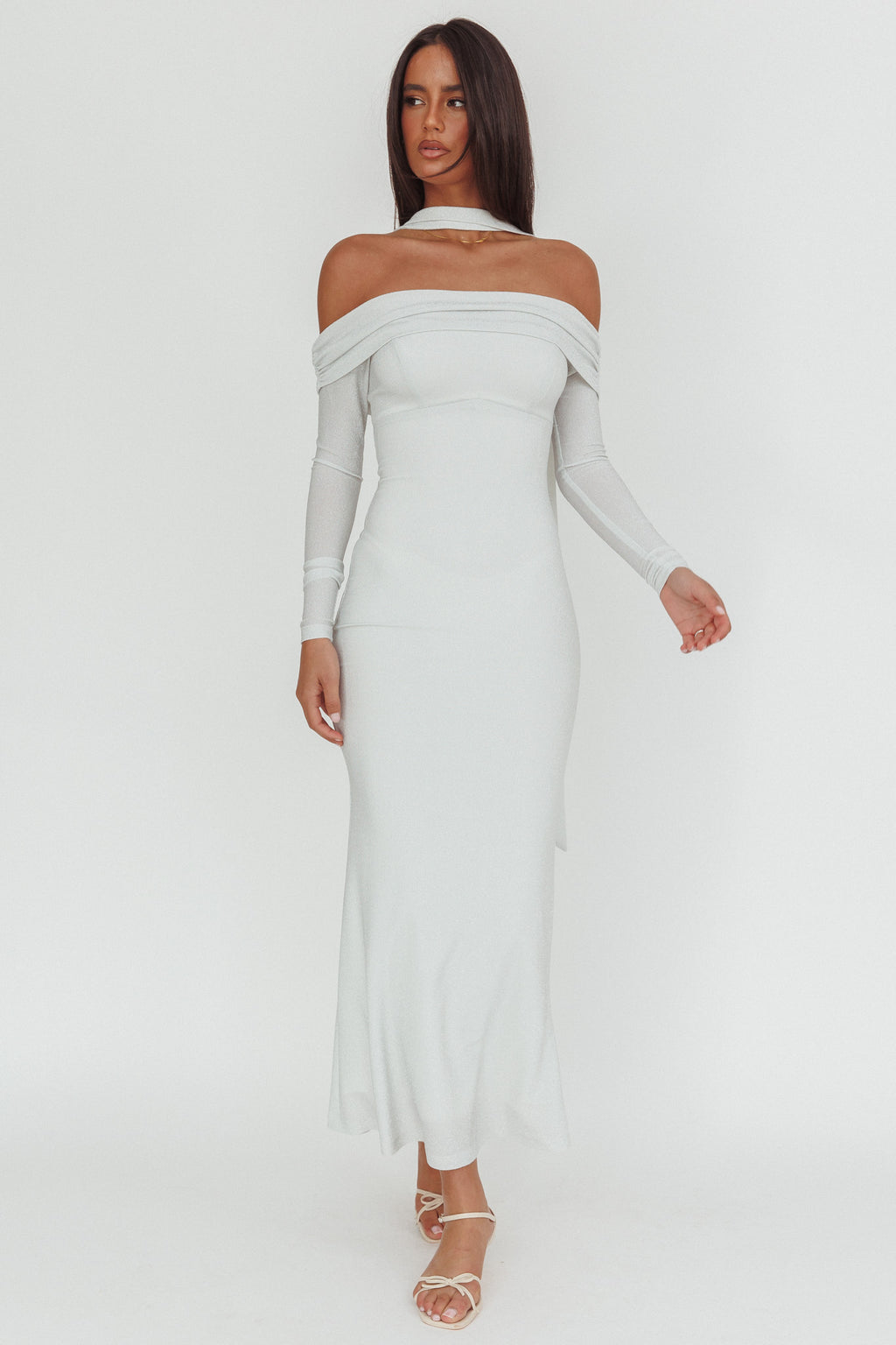 Flutters Off-Shoulder Long Sleeve Maxi Dress White by Selfie Leslie Australia