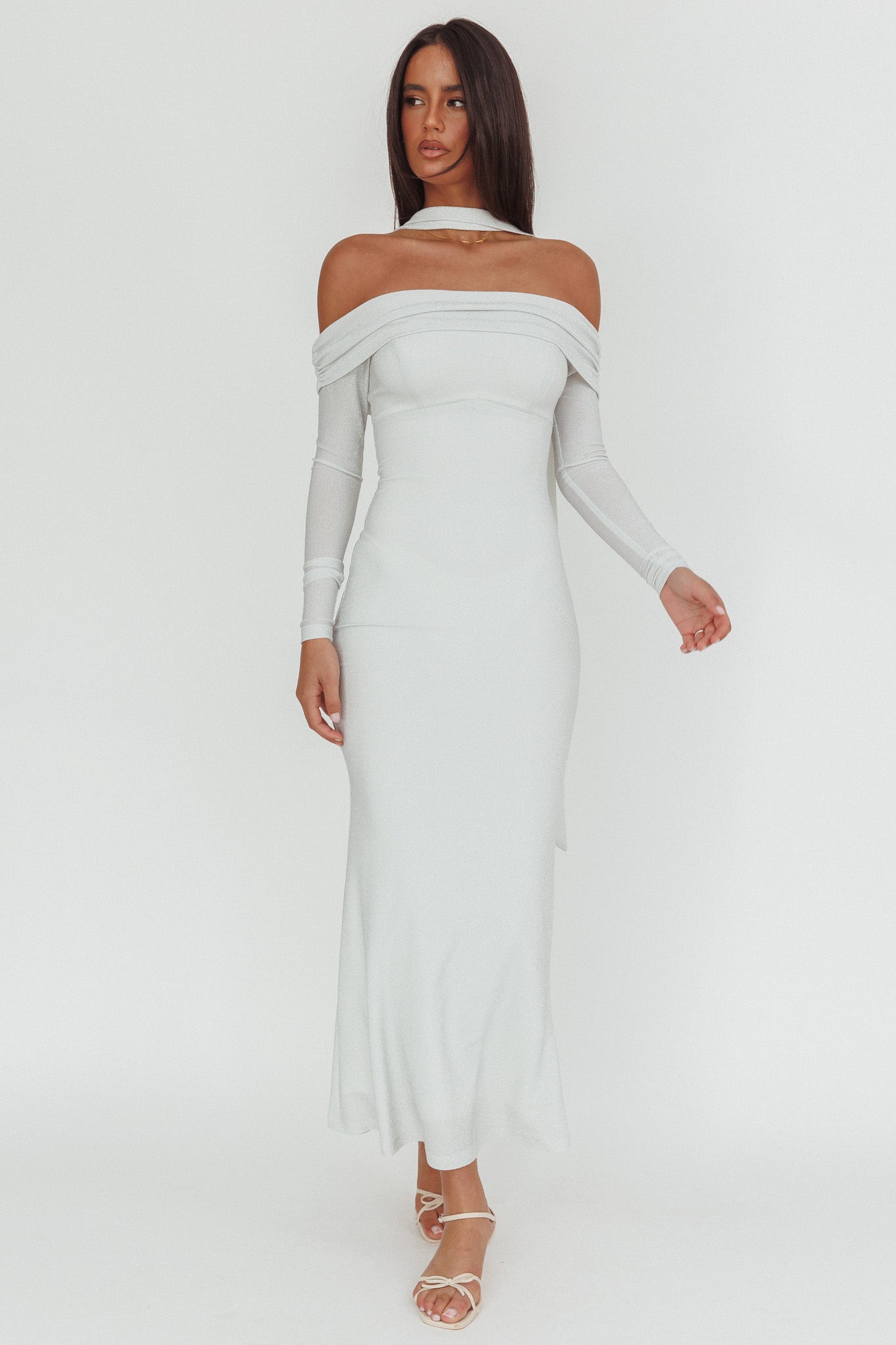 Flutters Off-Shoulder Long Sleeve Maxi Dress White by Selfie Leslie Australia