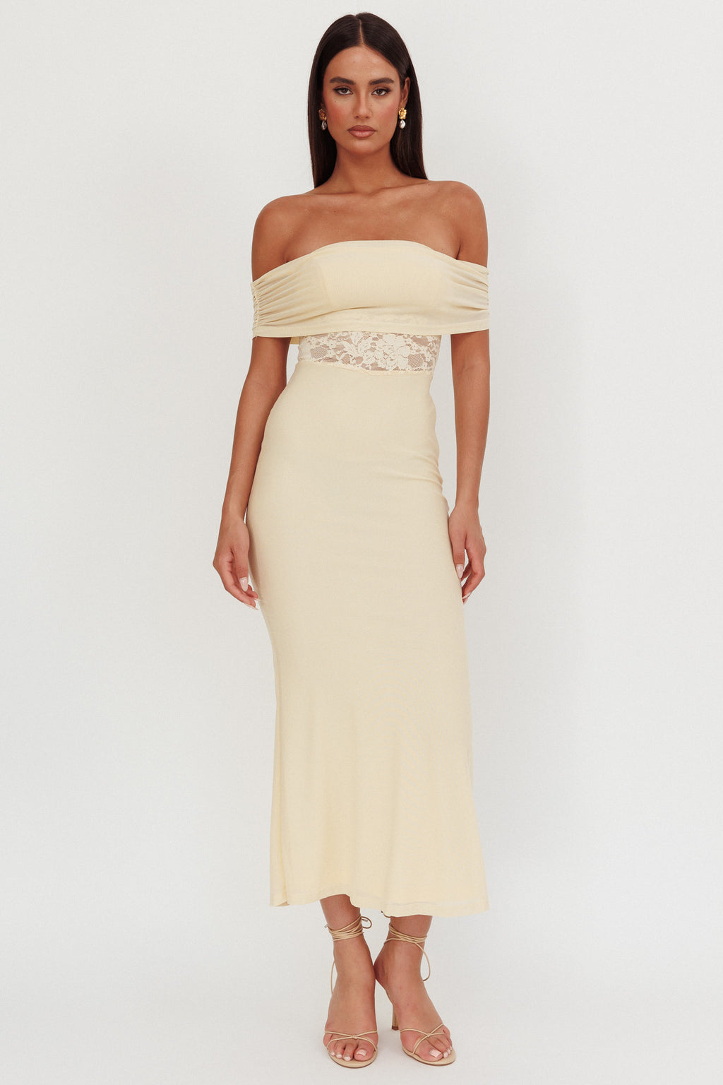 Flutters Off-Shoulder Lace Insert Maxi Dress Cream by Selfie Leslie Australia