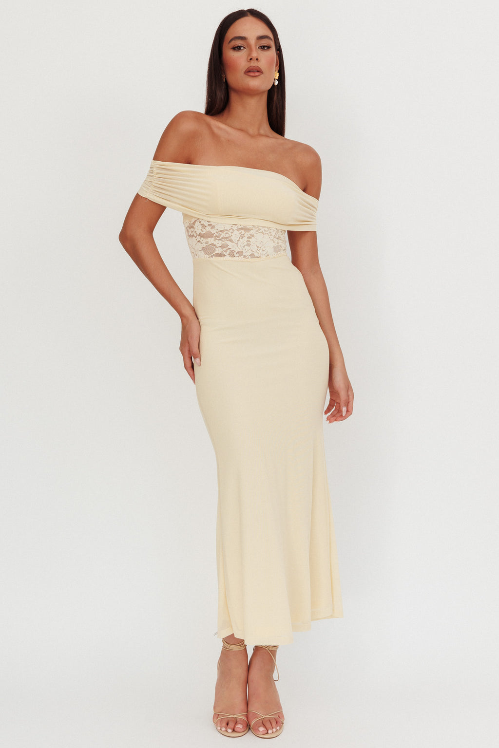 Flutters Off-Shoulder Lace Insert Maxi Dress Cream by Selfie Leslie Australia