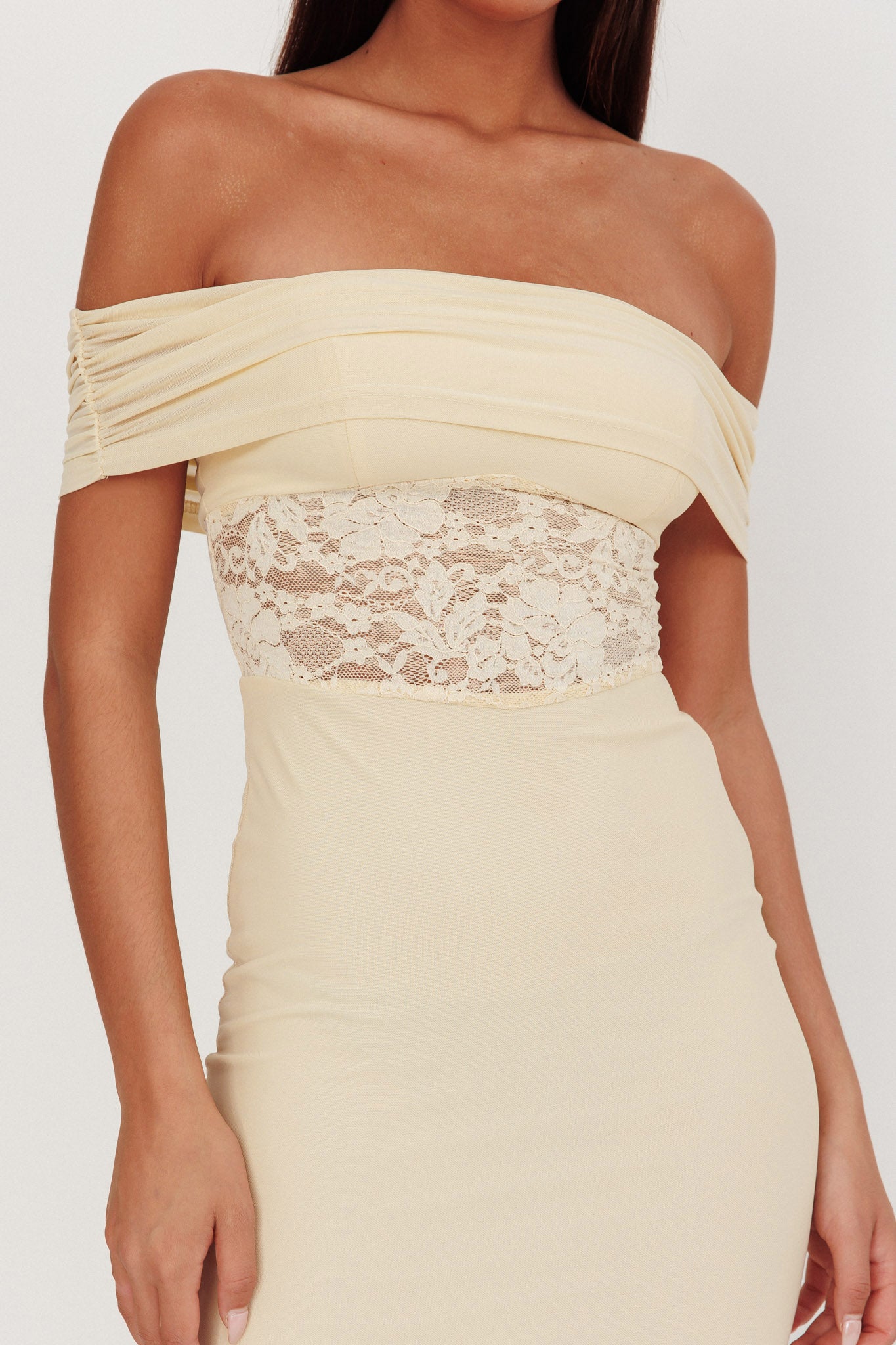 Flutters Off-Shoulder Lace Insert Maxi Dress Cream by Selfie Leslie Australia