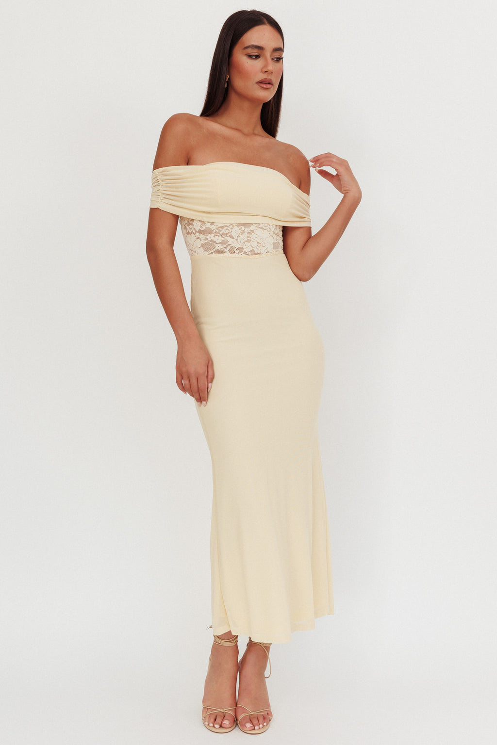 Flutters Off-Shoulder Lace Insert Maxi Dress Cream by Selfie Leslie Australia