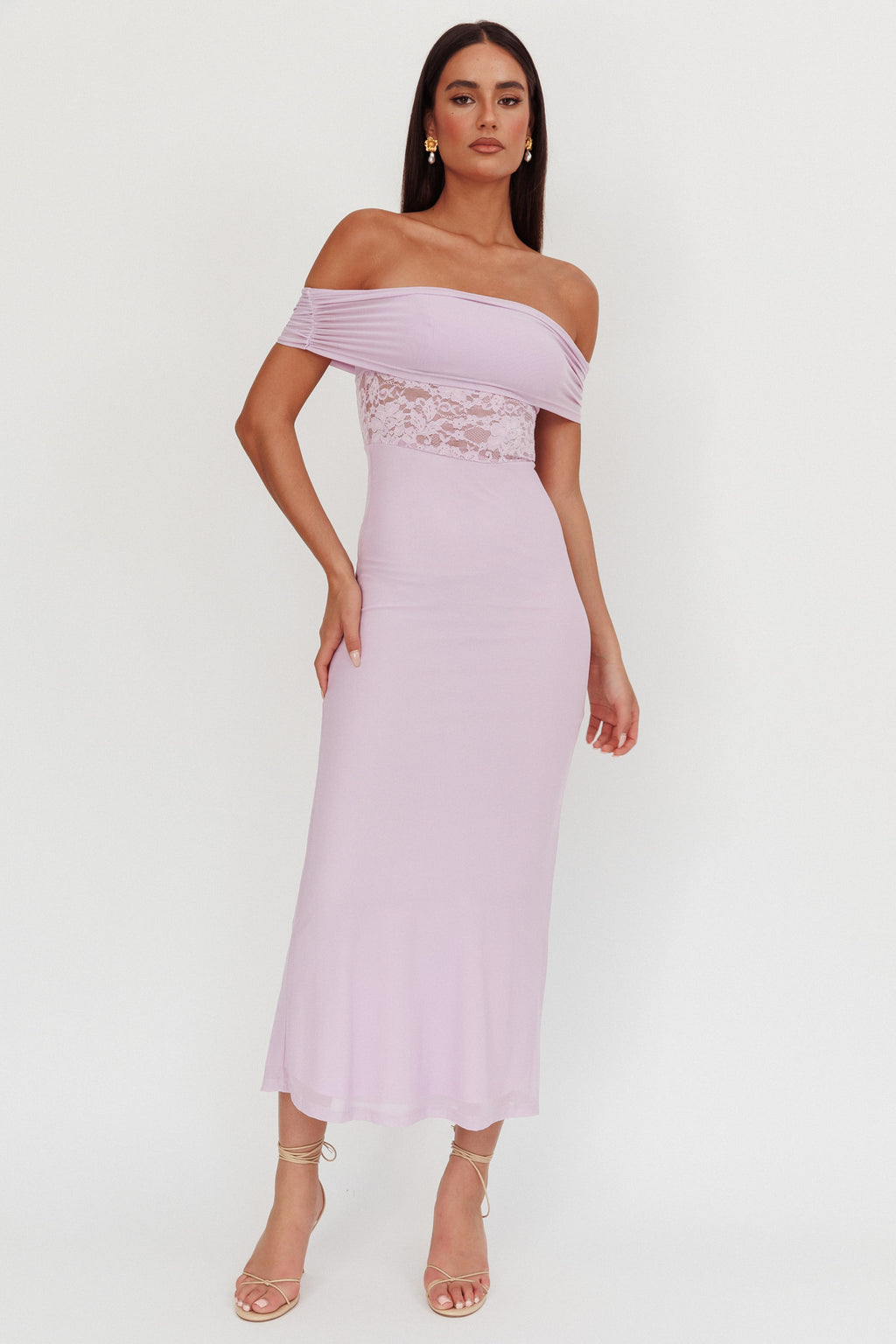 Flutters Off-Shoulder Lace Insert Maxi Dress Lilac by Selfie Leslie Australia