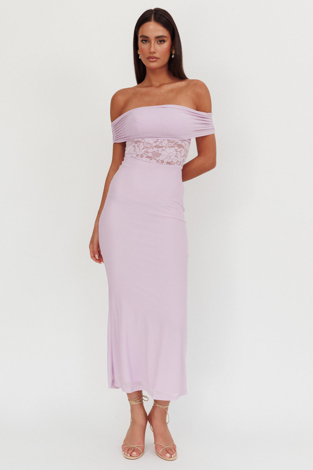 Flutters Off-Shoulder Lace Insert Maxi Dress Lilac by Selfie Leslie Australia