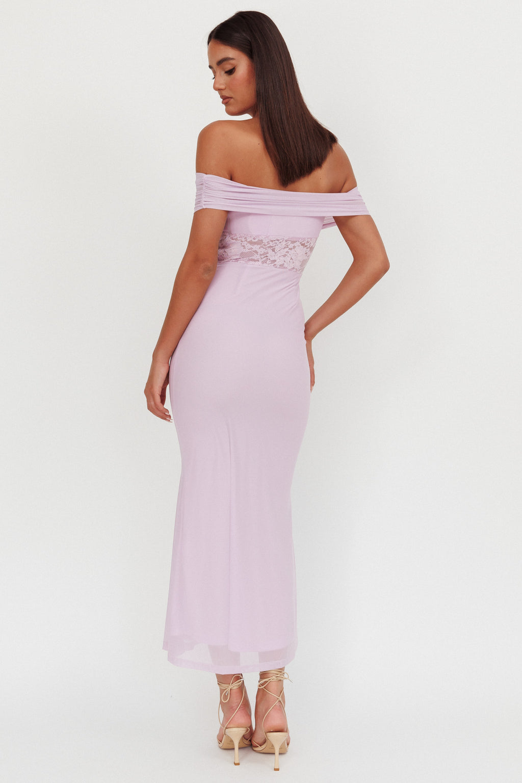 Flutters Off-Shoulder Lace Insert Maxi Dress Lilac by Selfie Leslie Australia
