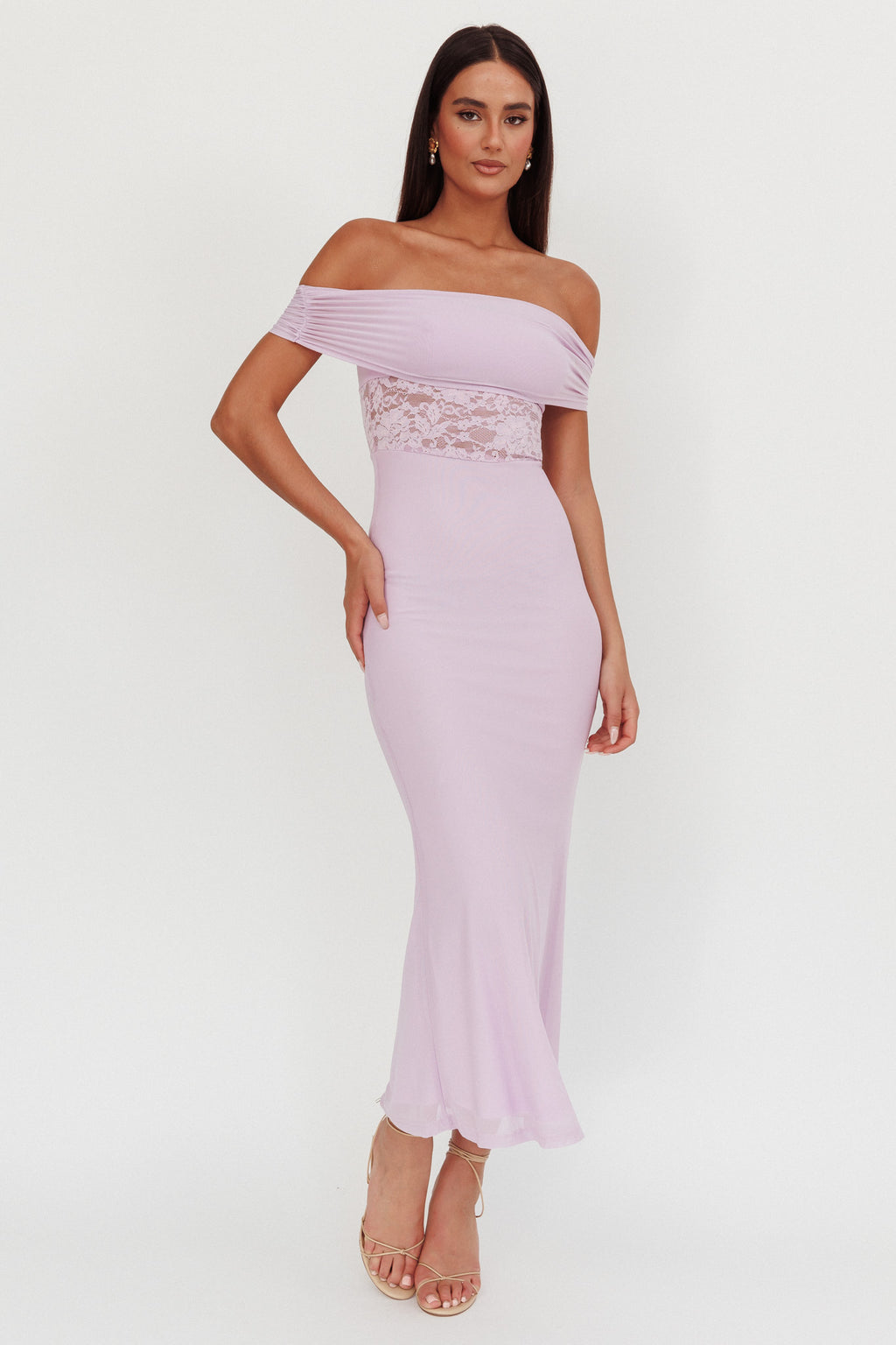Flutters Off-Shoulder Lace Insert Maxi Dress Lilac by Selfie Leslie Australia