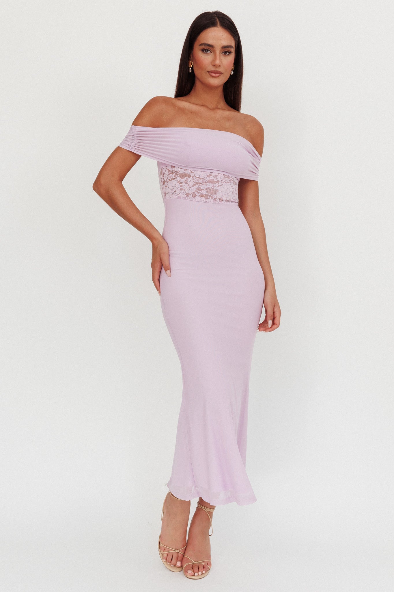 Flutters Off-Shoulder Lace Insert Maxi Dress Lilac by Selfie Leslie Australia