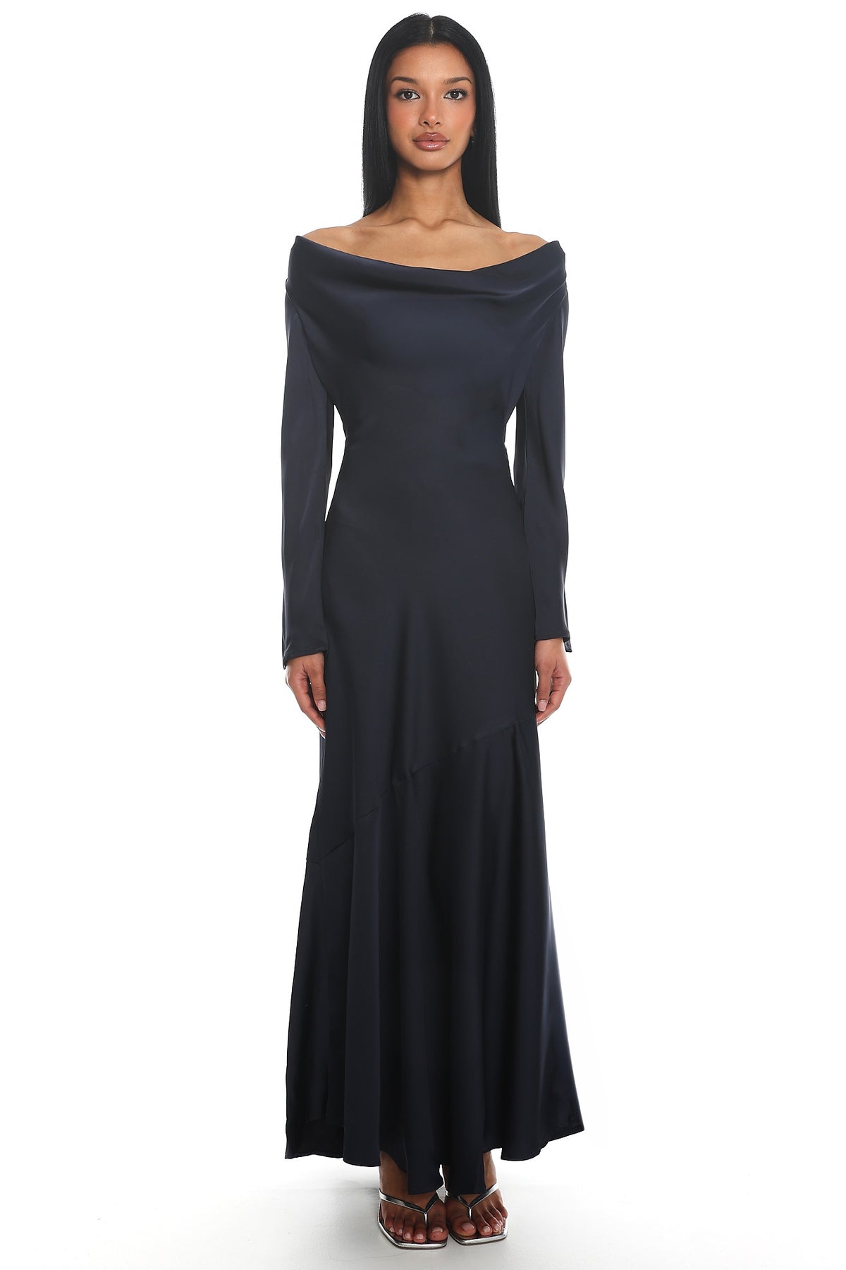 Cecilia Long Sleeve Drape Back Maxi Dress Navy by Selfie Leslie Australia