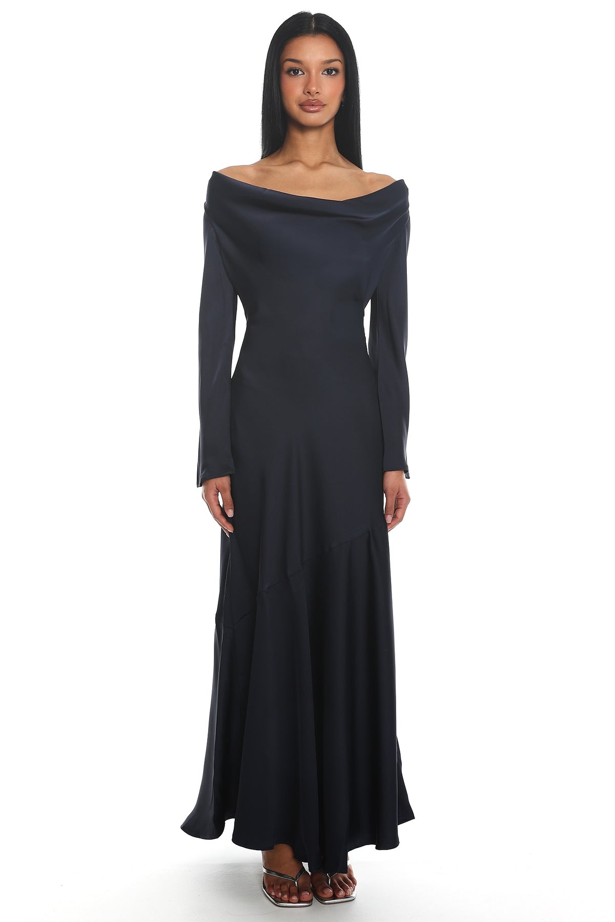 Cecilia Long Sleeve Drape Back Maxi Dress Navy by Selfie Leslie Australia